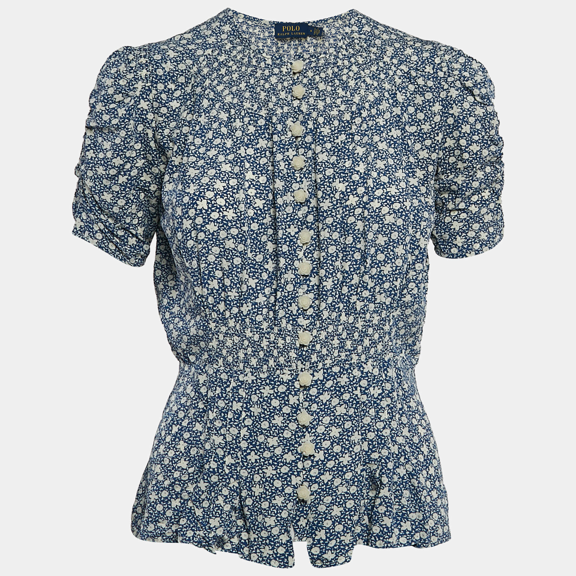 Pre Owned Polo Ralph Lauren Blue Floral Crepe Smocked Blouse M
