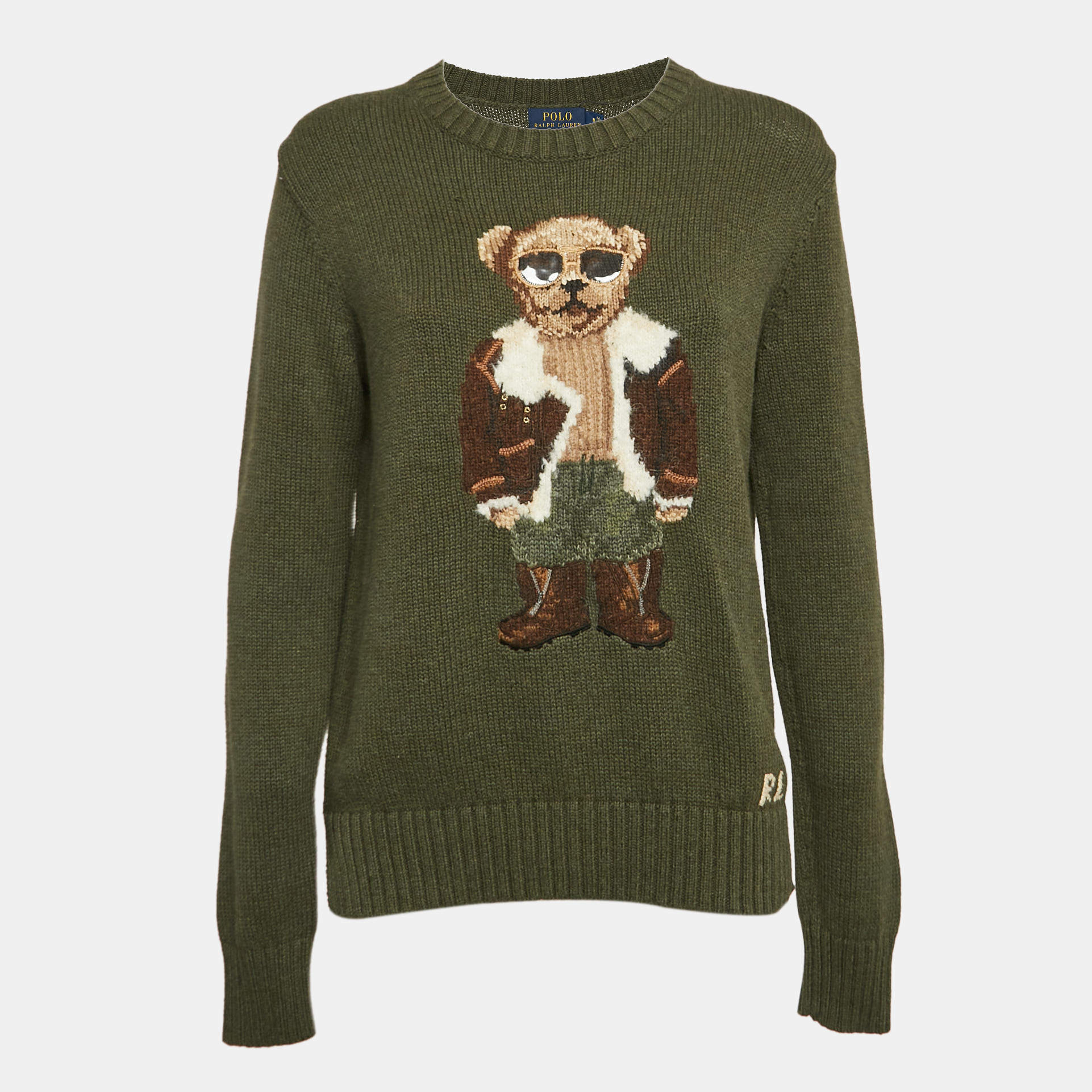 Pre Owned Polo Ralph Lauren Olive Green Bear Intarsia Knit Crew Neck Sweater M