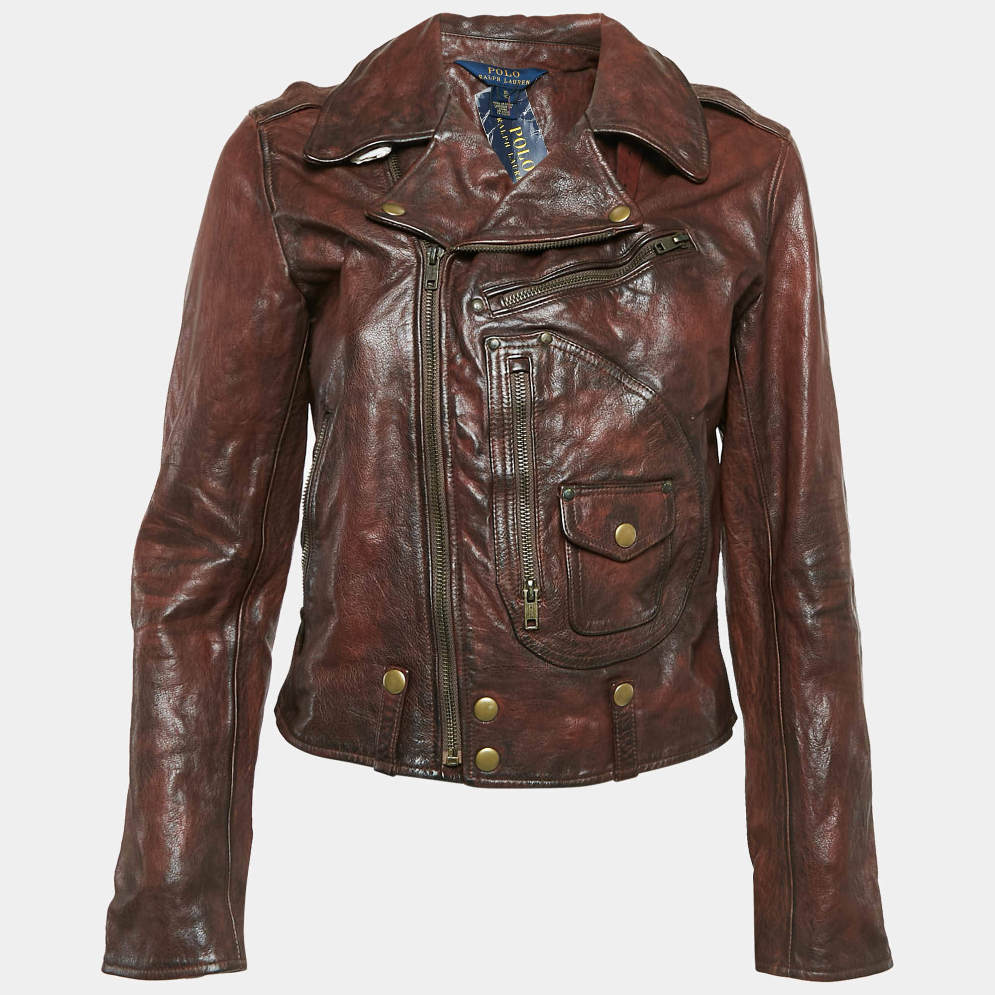 Polo Ralph Lauren Kids Brown Leather Zip-Up Jacket XL 18 Yrs
