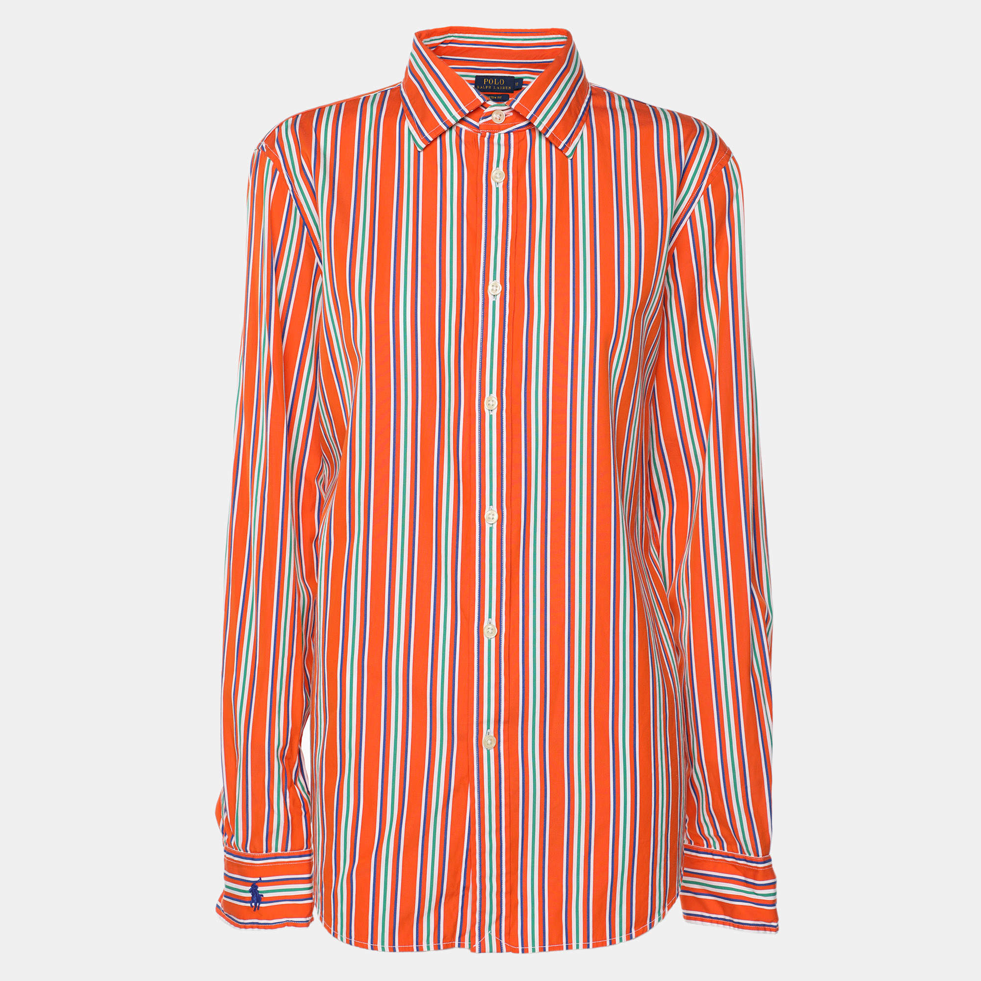 Pre Owned Polo Ralph Lauren Orange Stripe Cotton Long Sleeve Shirt L