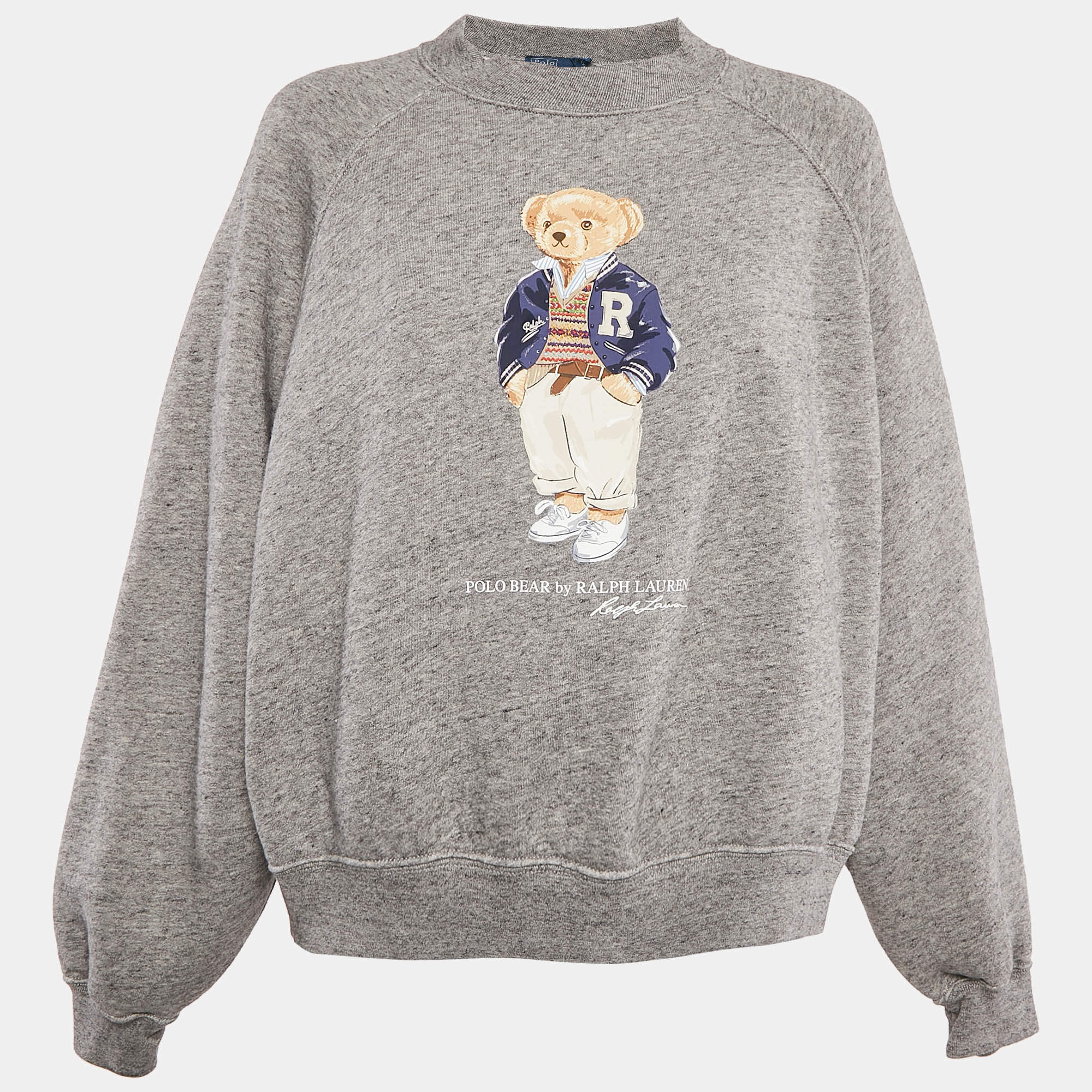 مملوكة مسبقًا Polo Ralph Lauren Grey Polo Bear Print Cotton Sweatshirt L