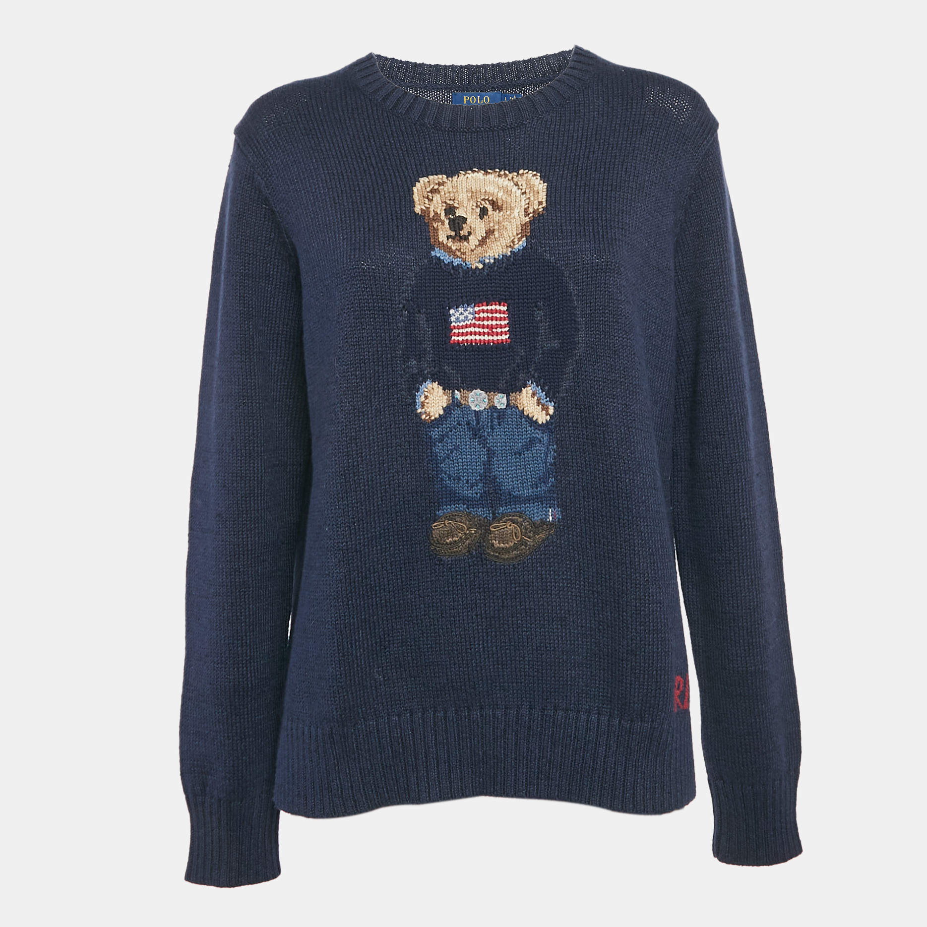 Pre Owned Polo Ralph Lauren Blue Bear Intarsia Cotton Knit Sweater L 