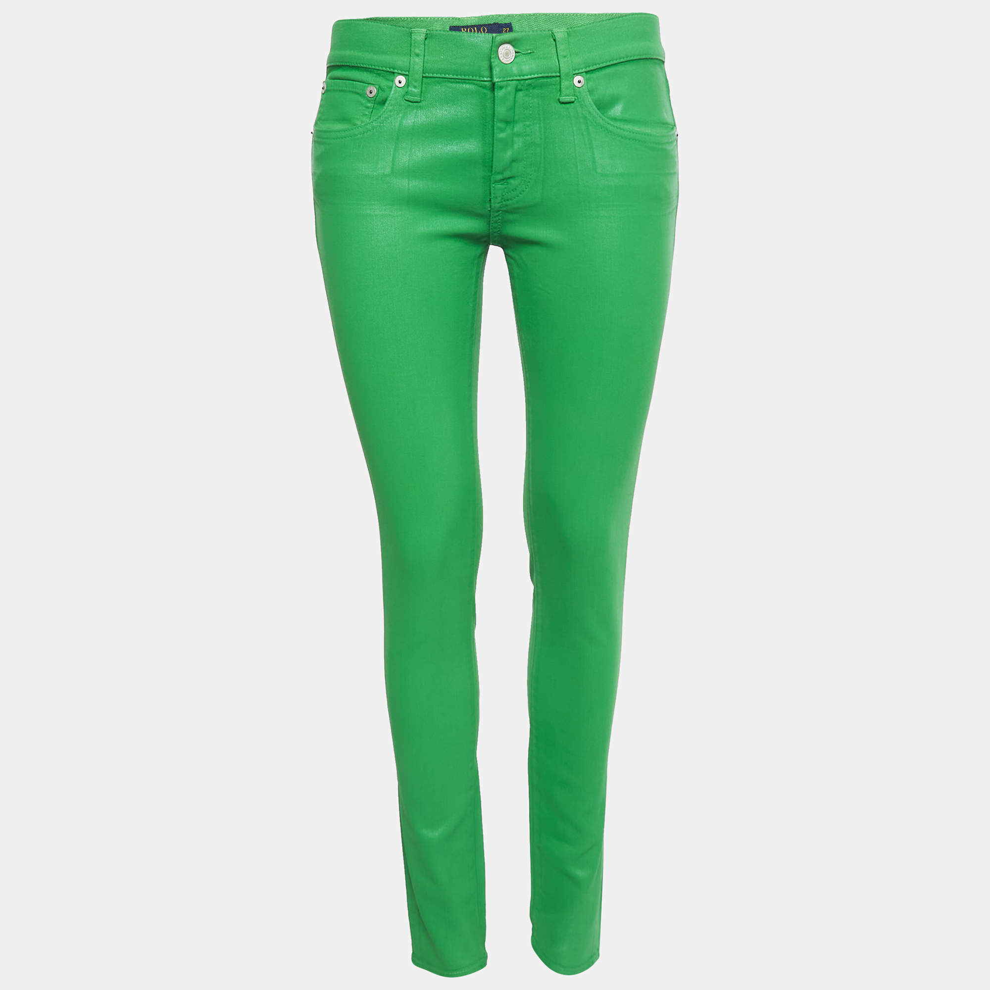 Pre Owned Polo Ralph Lauren Green Coated Denim Skinny Fit Jeans S Waist 27"