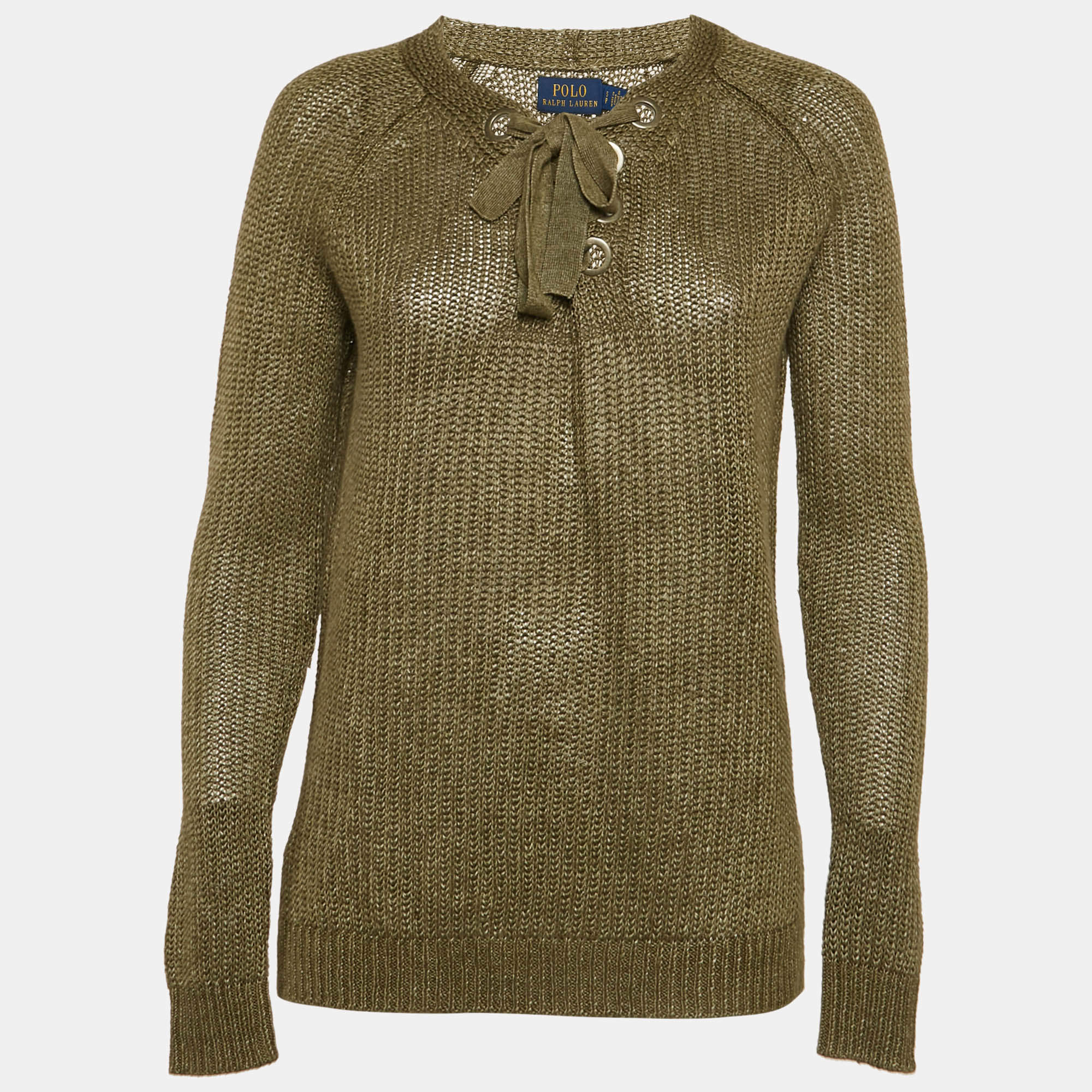 Polo Ralph Lauren Green Linen Rib Knit Lace-Up Sheer Sweater S