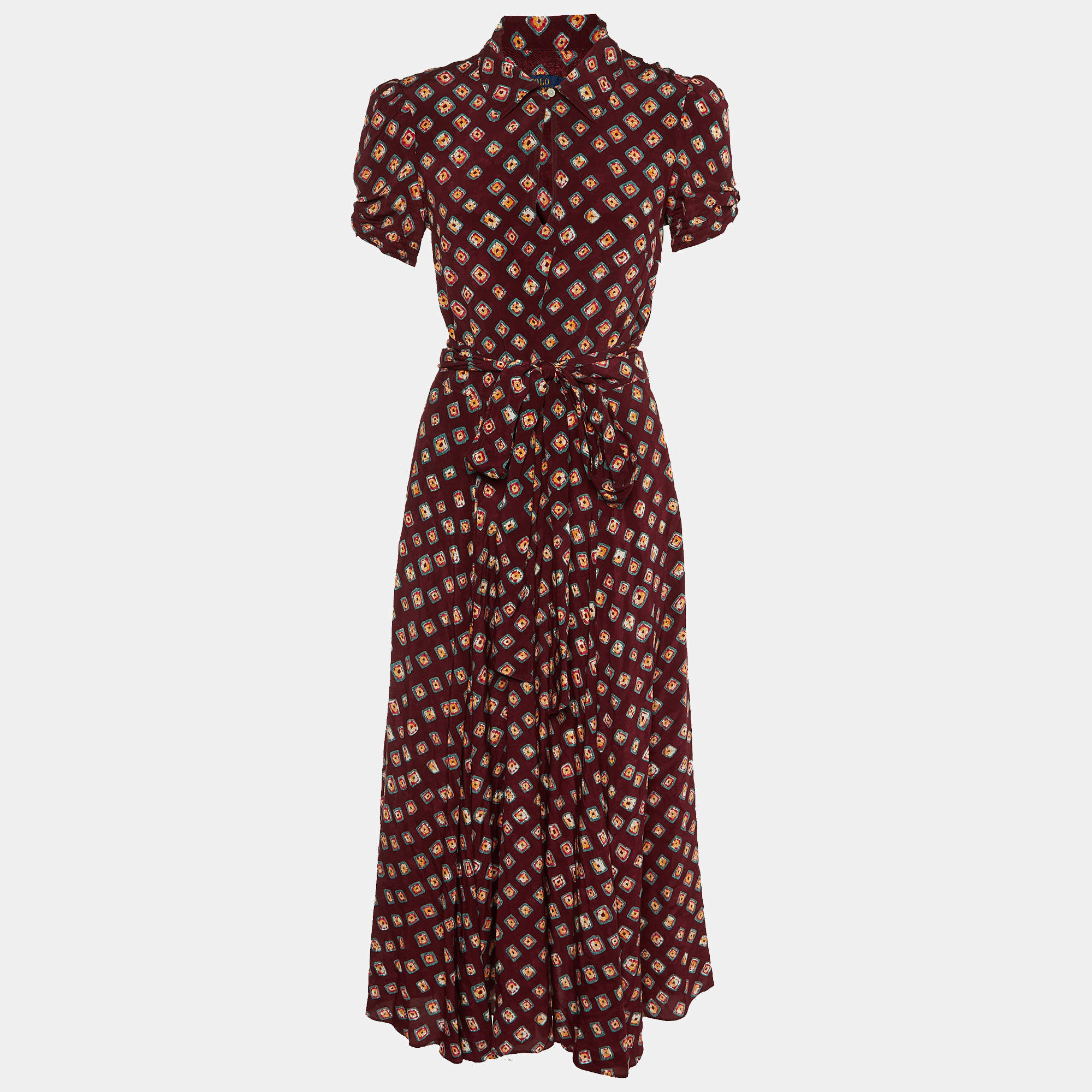 Polo Ralph Lauren Burgundy Printed Satin Midi Dress M