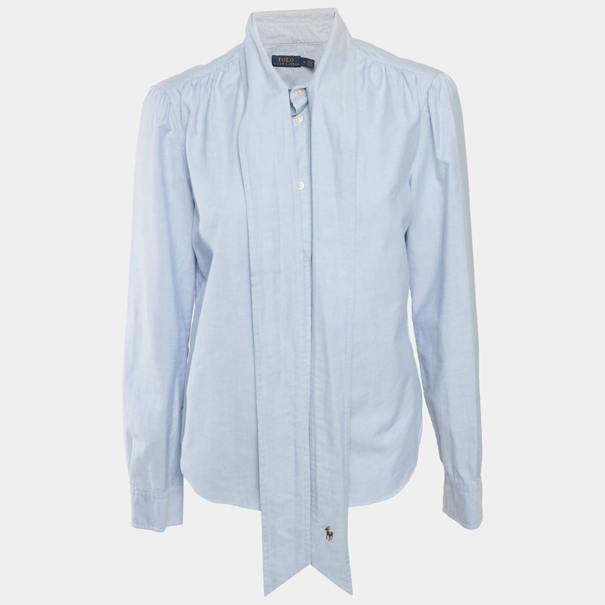 مملوكة مسبقًا Polo Ralph Lauren Blue Cotton Neck Tie-Up Button Front L