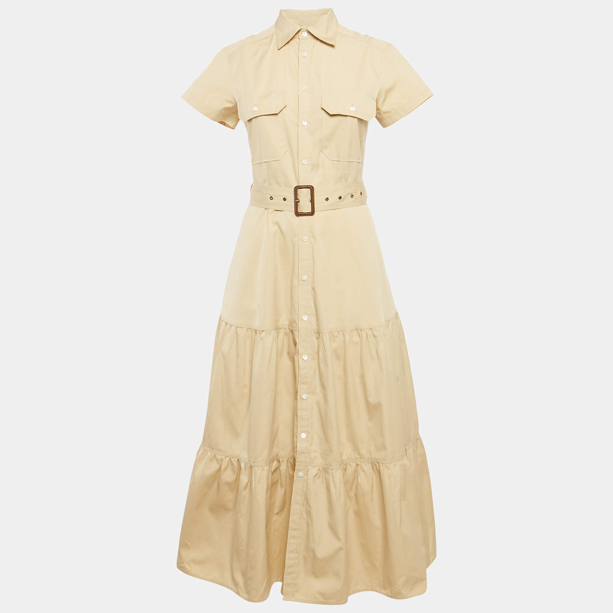 Polo Ralph Lauren Beige Belted Button Front Tiered Midi Dress S