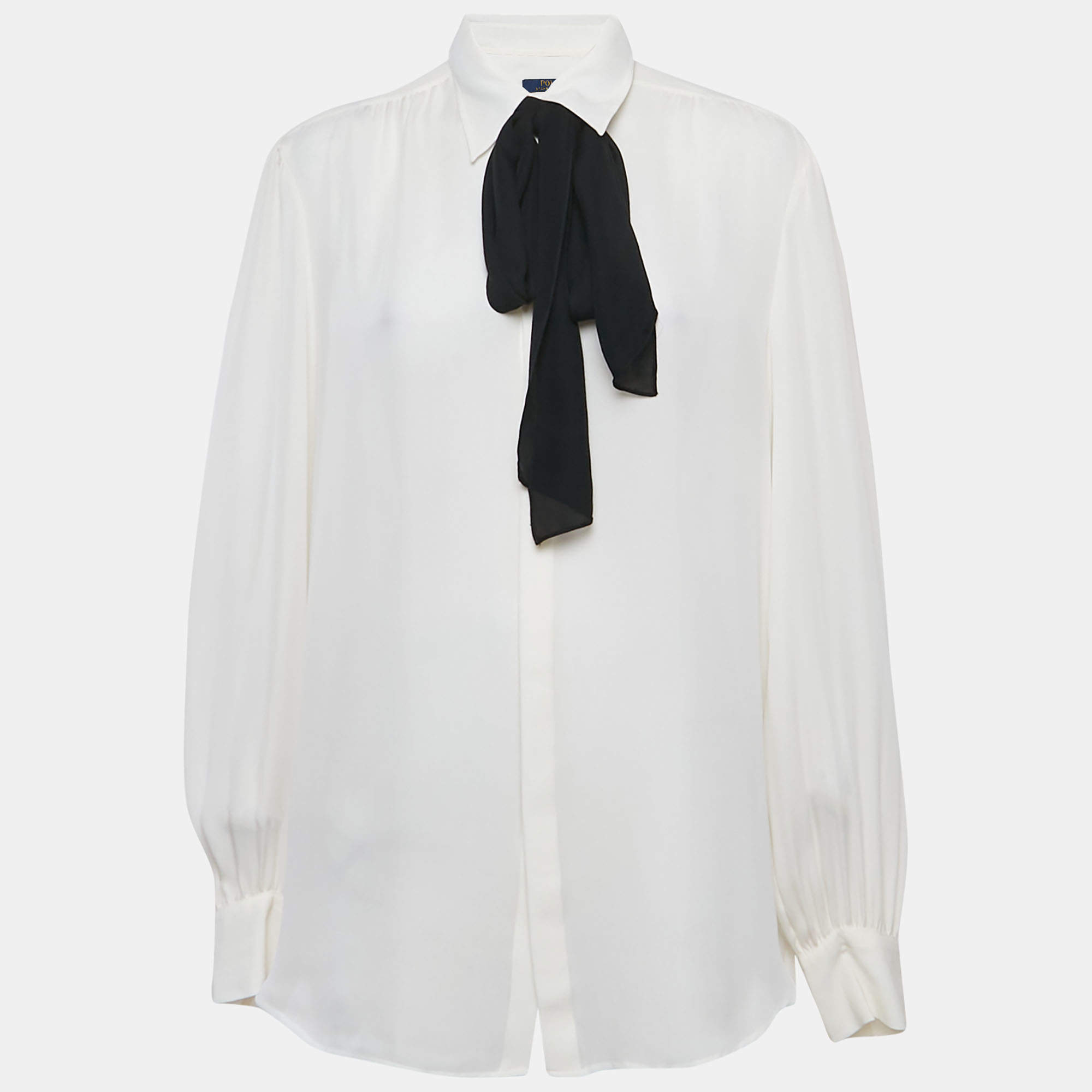 Polo Ralph Lauren Off-White Crepe Neck Tie-Up Button Front Blouse XL