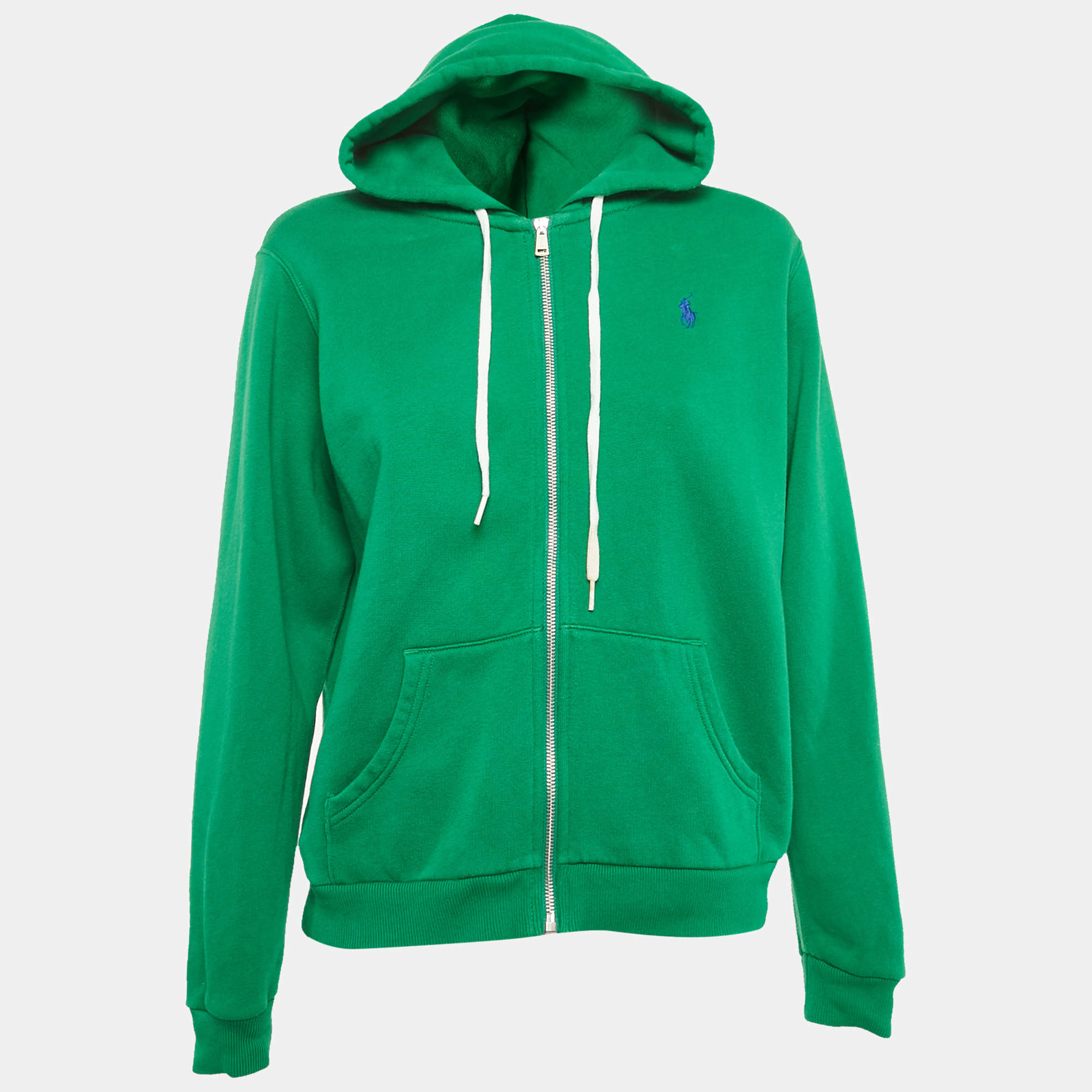 Pre Owned Polo Ralph Lauren Green Logo Embroidery Cotton Zip-Up Hooded Sweatshirt M