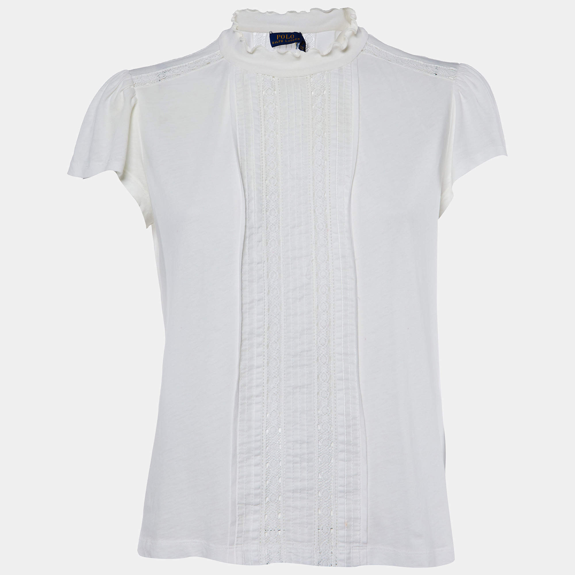 Pre Owned Polo Ralph Lauren Off White Cotton Lace Trim Top M