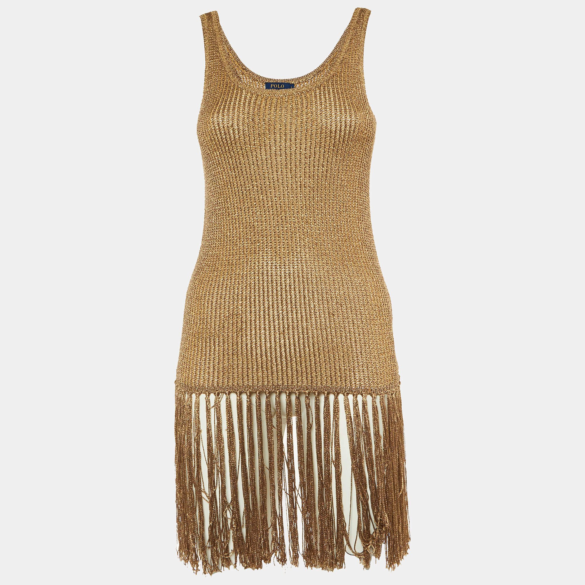 مملوكة مسبقًا توب بولو رالف لورين حياكة معدنية مع شراشيب مقاس صغير