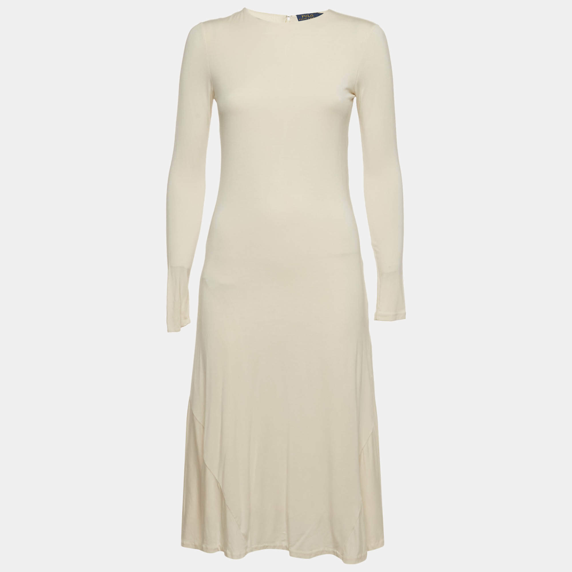 Pre Owned Polo Ralph Lauren Off-White Jersey Long Sleeve Midi Dress S
