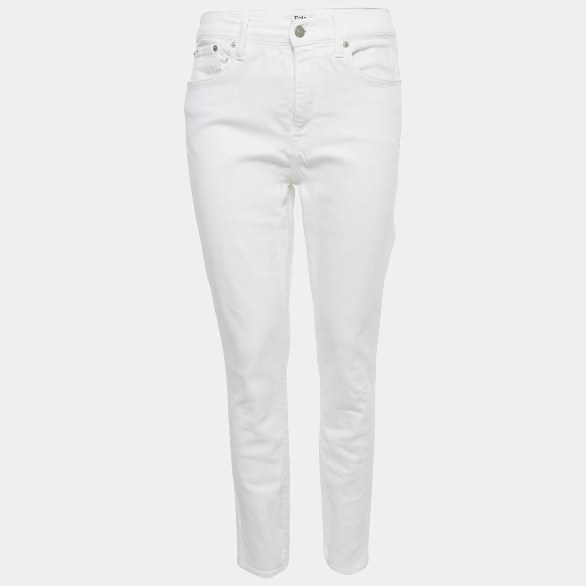 Pre Owned Polo Ralph Lauren White Embroidered Denim Tompkins Skinny Jeans M Waist 29"