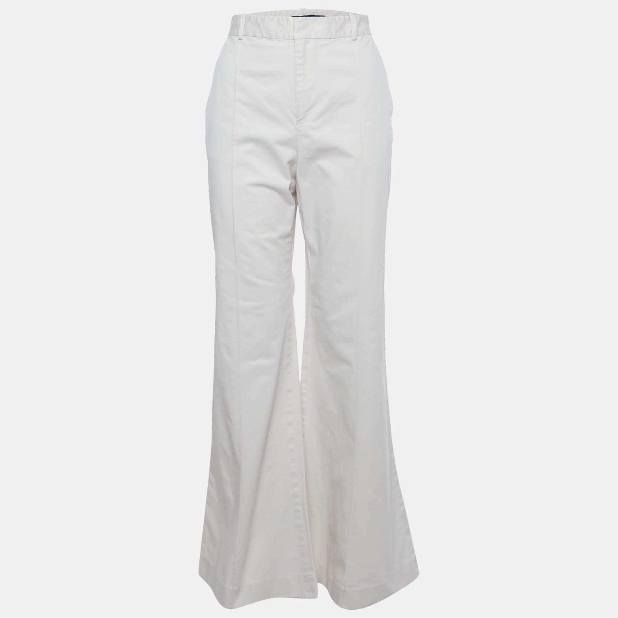 Pre Owned Polo Ralph Lauren Cream Cotton Wide Leg Trousers L