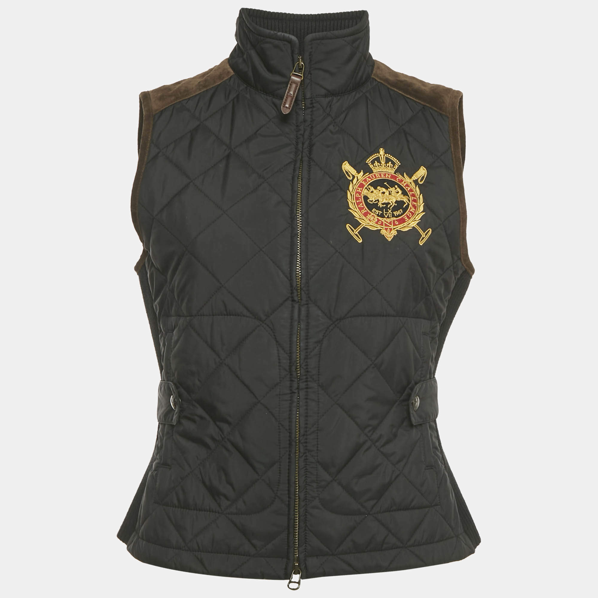 مملوكة مسبقًا Polo Ralph Lauren Black Embroidered Nylon Leather Trim Quilted Vest M