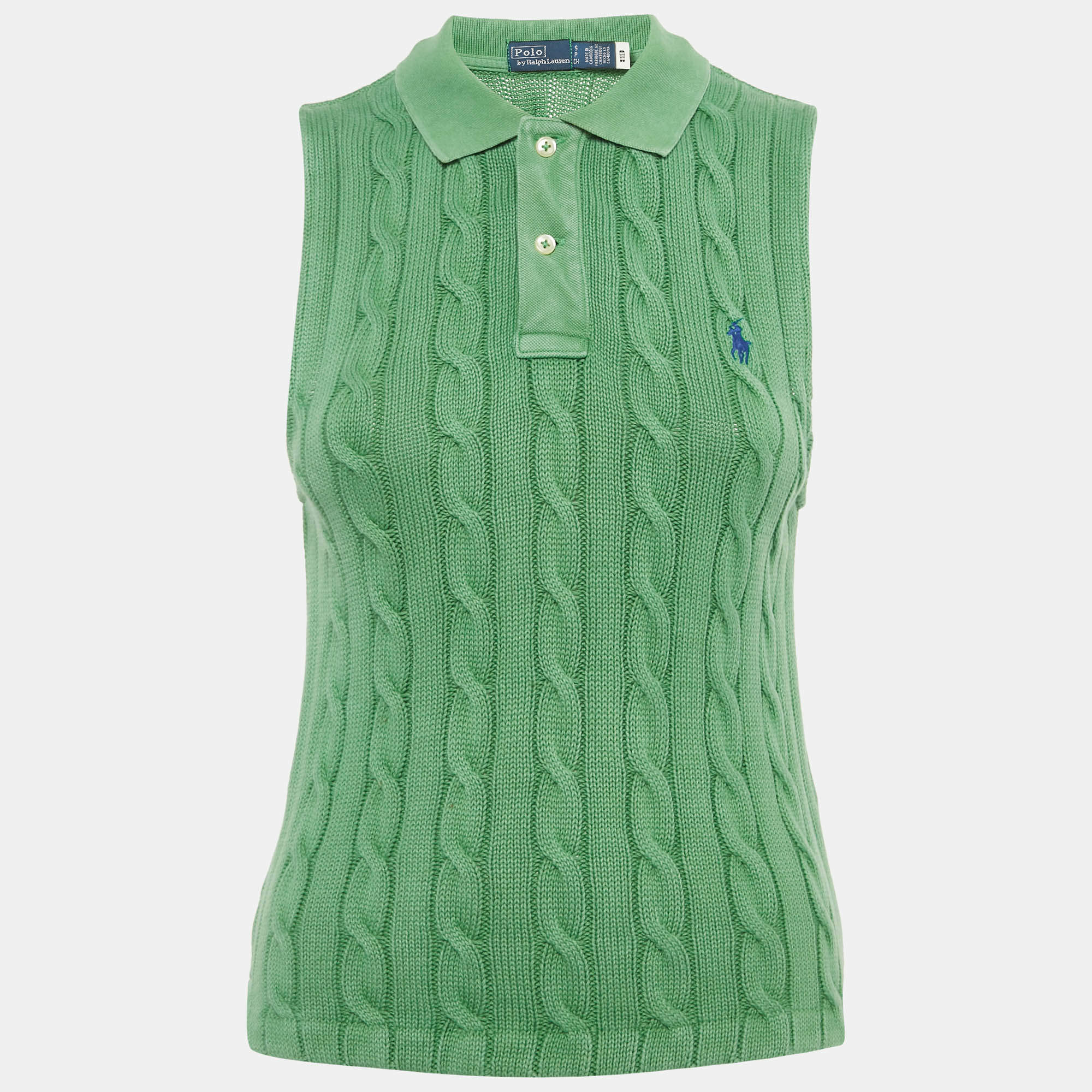 Pre Owned Polo Ralph Lauren Green Cable Knit Cropped Polo Sleeveless Shirt S