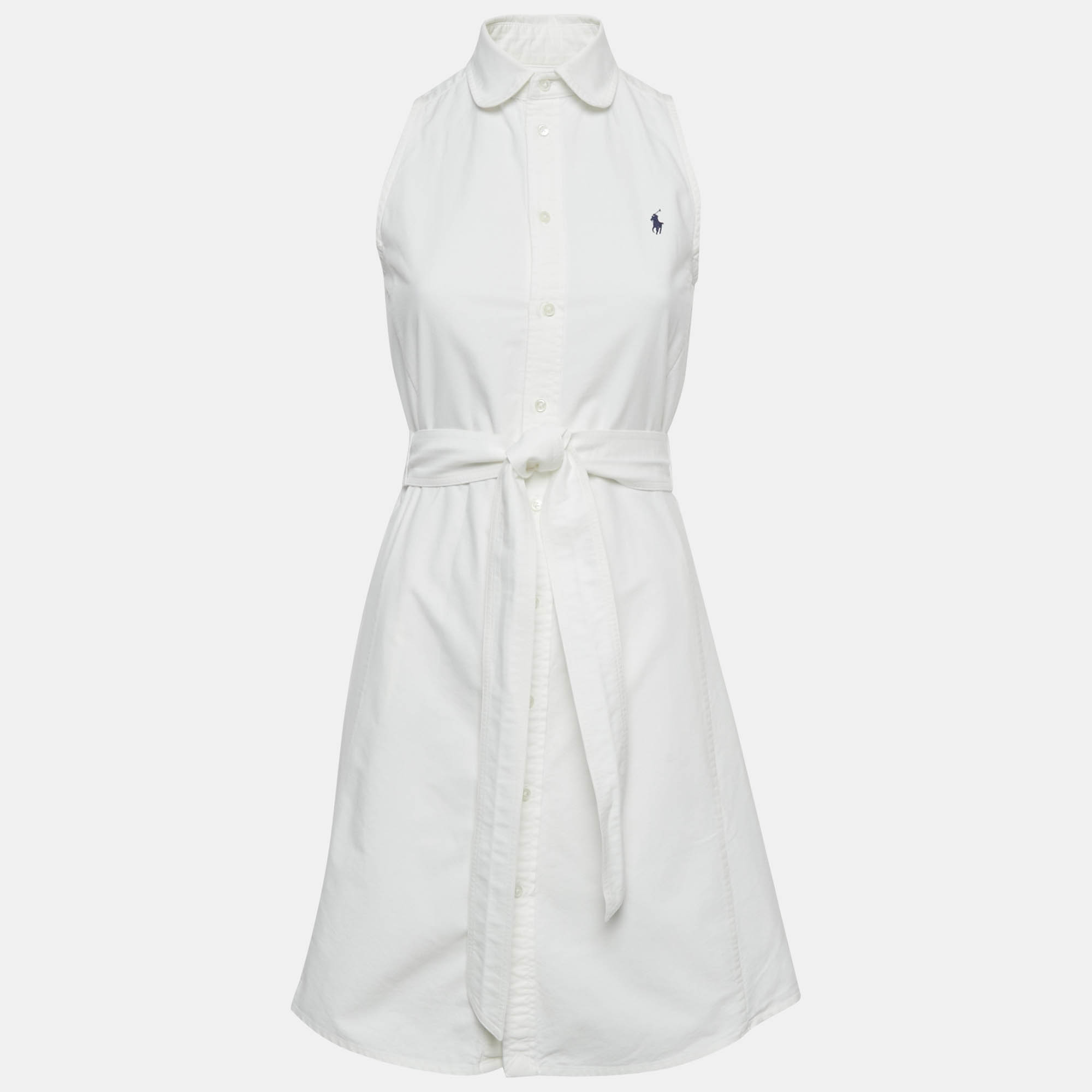 Pre Owned Polo Ralph Lauren White Cotton Belted Mini Shirt Dress XS