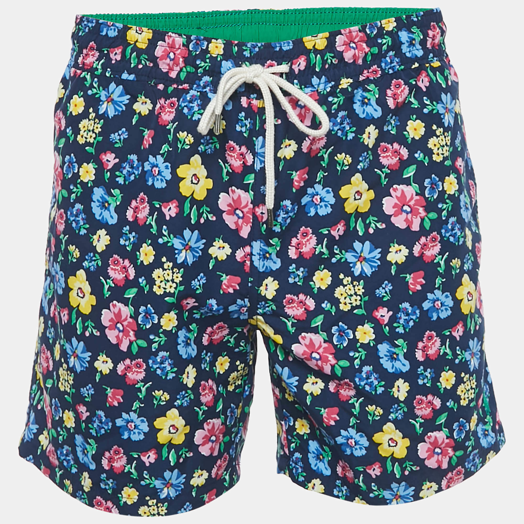 Pre Owned Polo Ralph Lauren Navy Blue Floral Print Synthetic Swimwear Shorts S