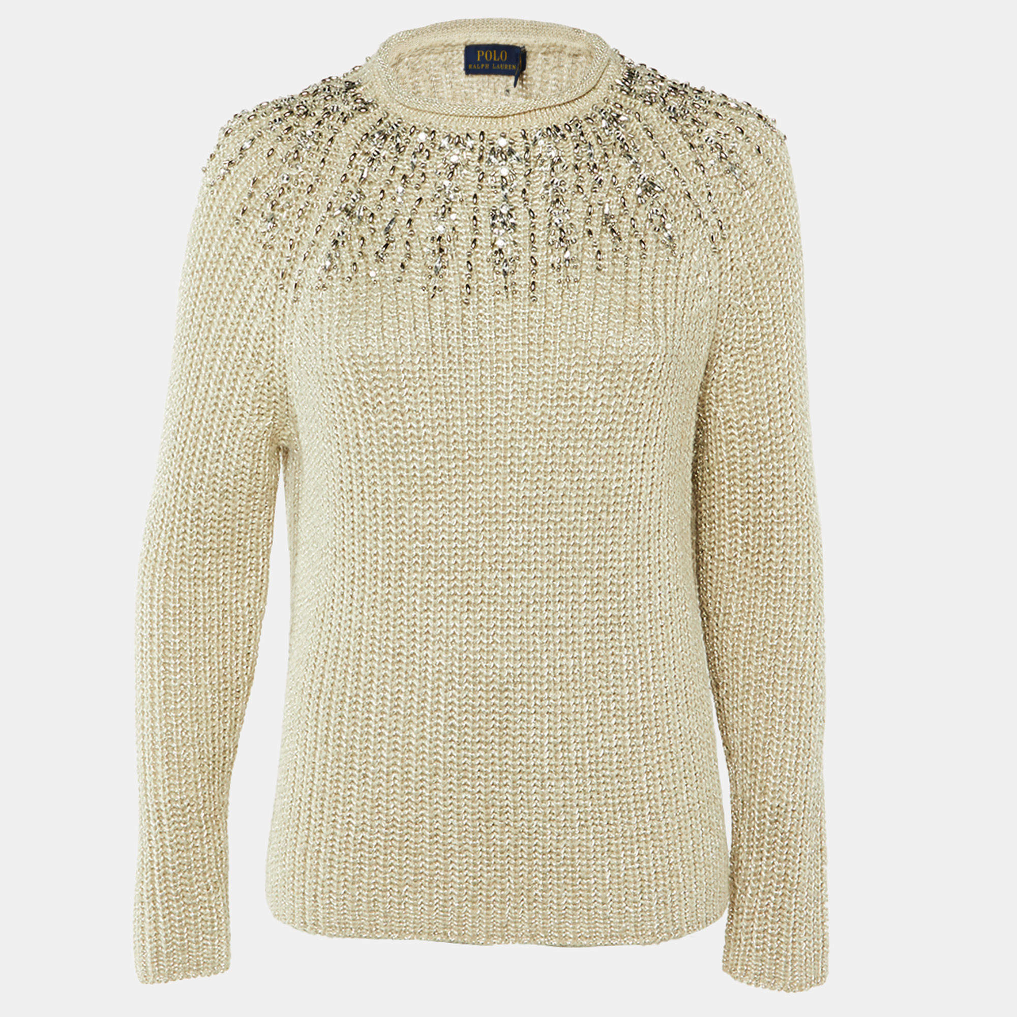 مملوكة مسبقًا Polo Ralph Lauren Ecru Lurex Knit Embellished Jumper S