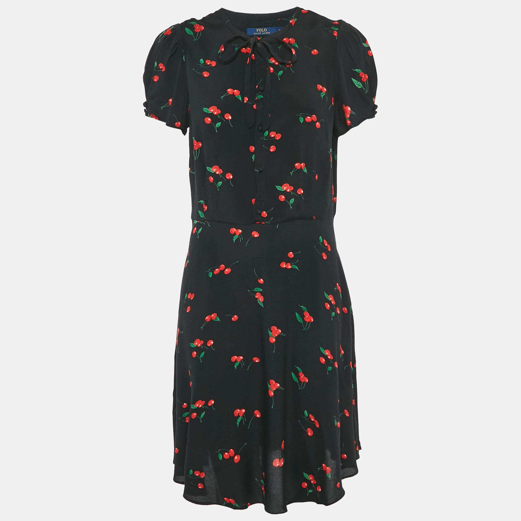 Pre Owned Polo Ralph Lauren Black Cherry Print Viscose Knee-Length Dress L