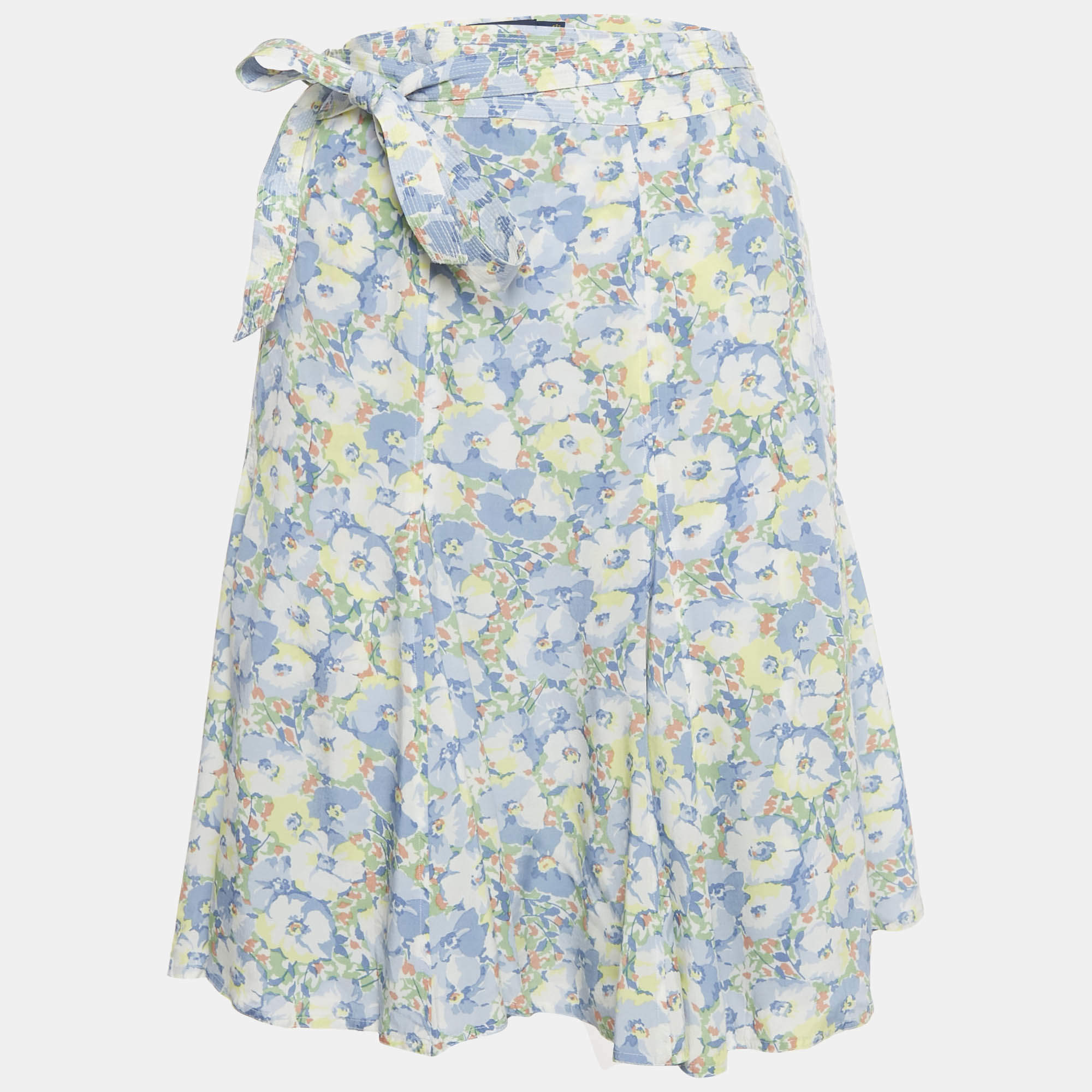 Pre Owned تنورة بولو رالف لورين كريب بزهور زرقاء/بيضاء بتصميم لف مقاس كبير جداً (اكس لارج)