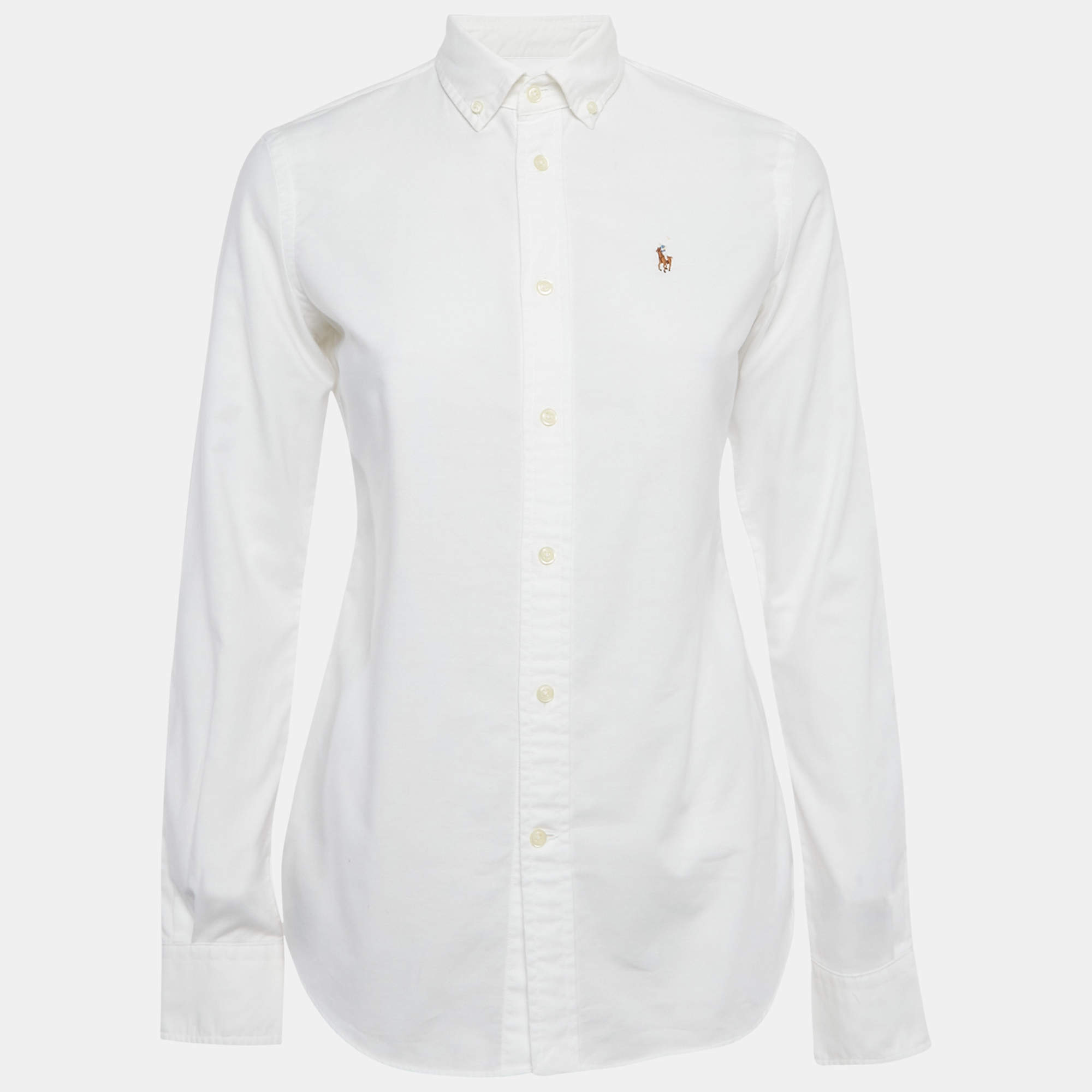 مملوكة مسبقًا قميص بولو رالف لورين قطن أبيض مطرز بشعار نحيف مقاس صغير (سمول)