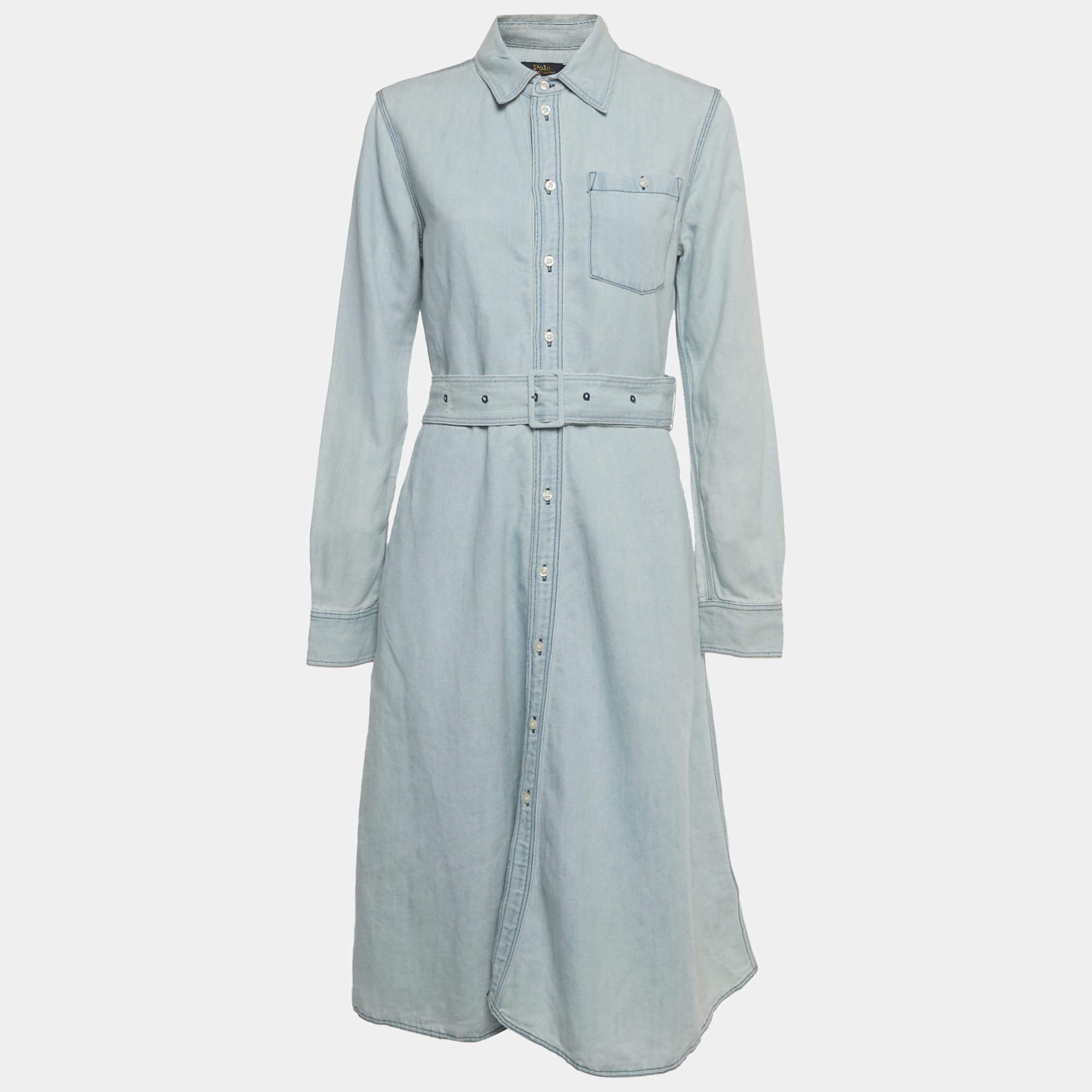 Pre Owned Polo Ralph Lauren Blue Denim belted Shirt Midi Dress M