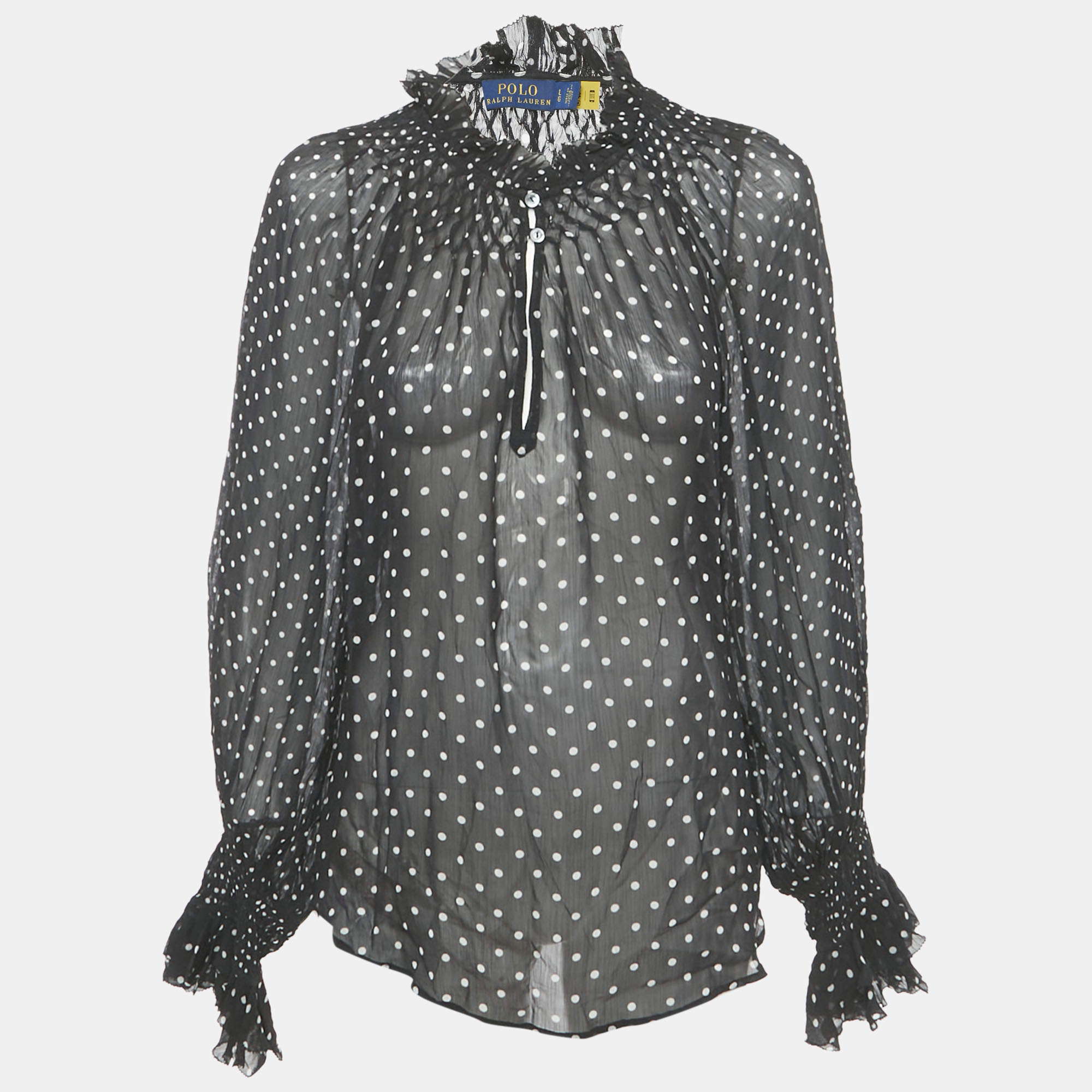 Pre Owned Polo Ralph Lauren Black Polka Dot Georgette Sheer Blouse L 