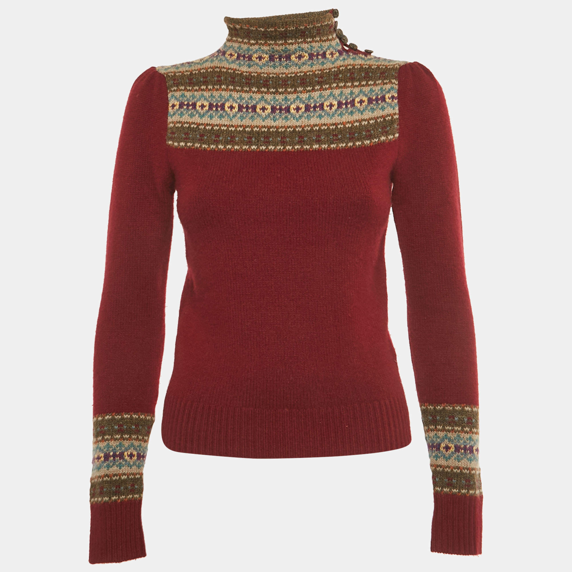 Pre Owned Polo Ralph Lauren Burgundy Intarsia Wool High-Neck Sweater XS