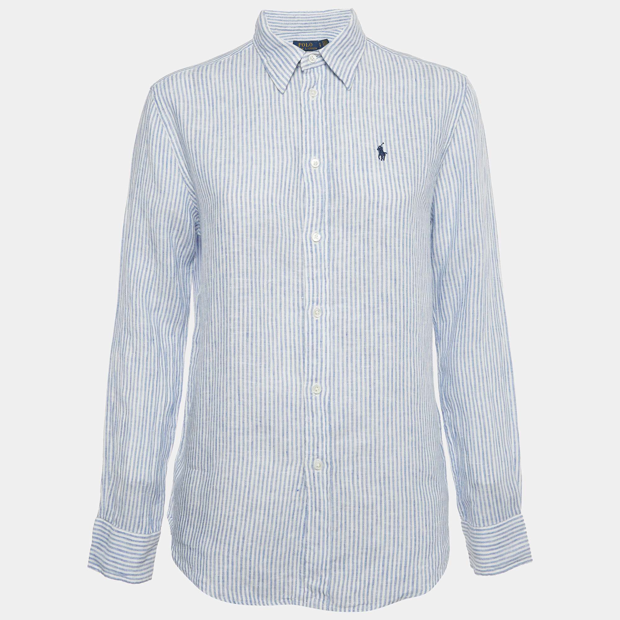 Pre Owned Polo Ralph Lauren White/Blue Striped Linen Relaxed Fit Shirt S 