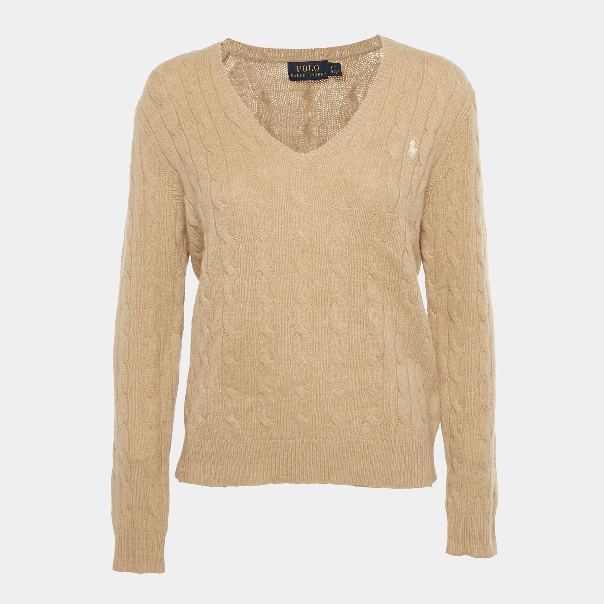 Pre Owned Polo Ralph Lauren Brown Cable Knit V-Neck Sweater L