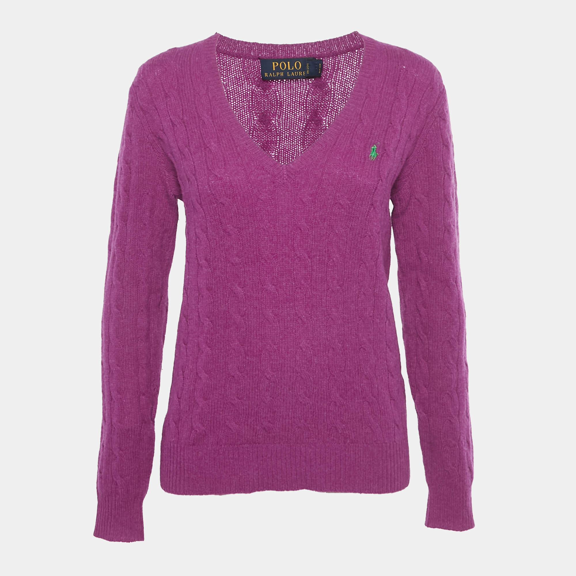 Pre Owned Polo Ralph Lauren Purple Logo Embroidered Cable Knit Sweater M  