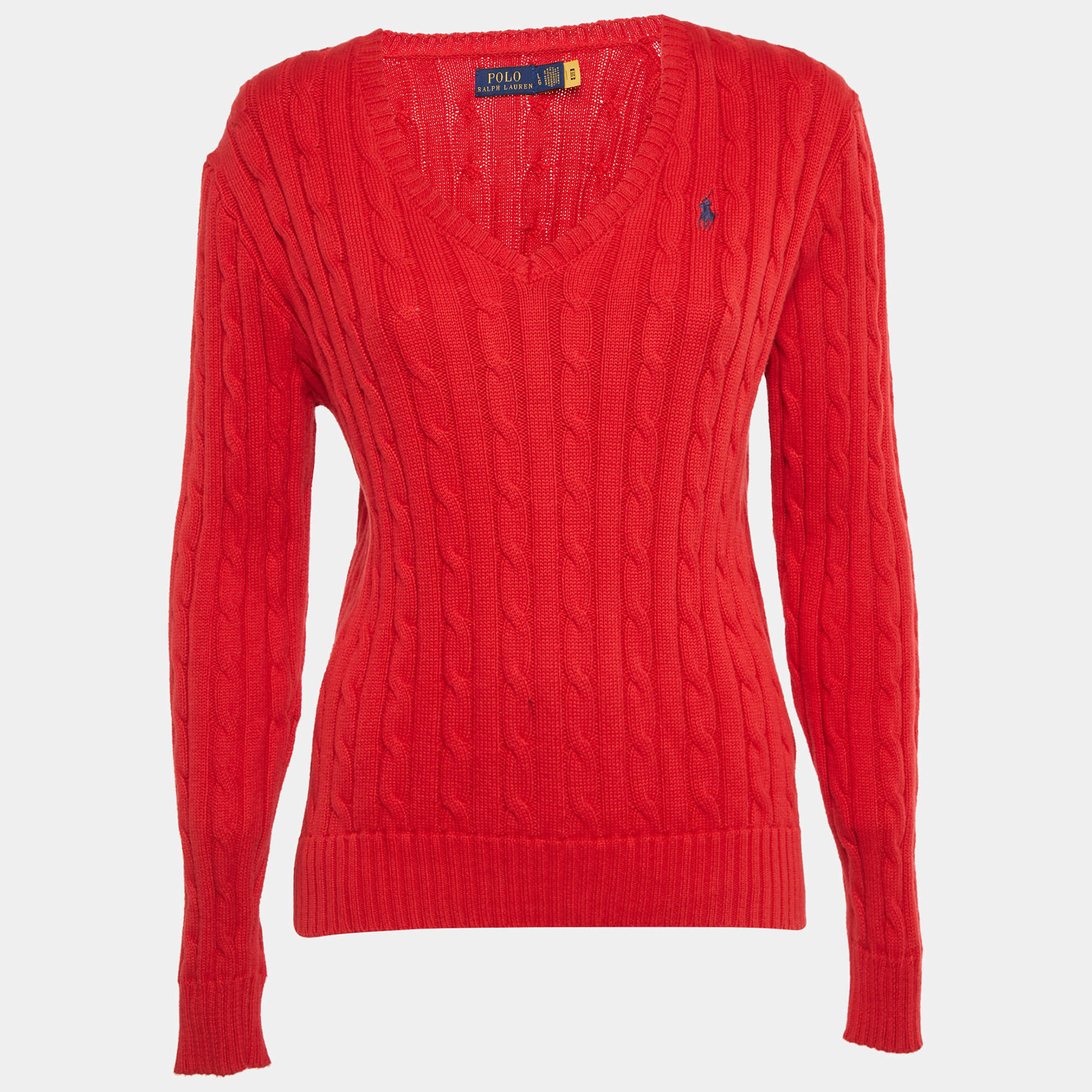 Pre Owned Polo Ralph Lauren Red Cable Knit V-Neck Sweater L