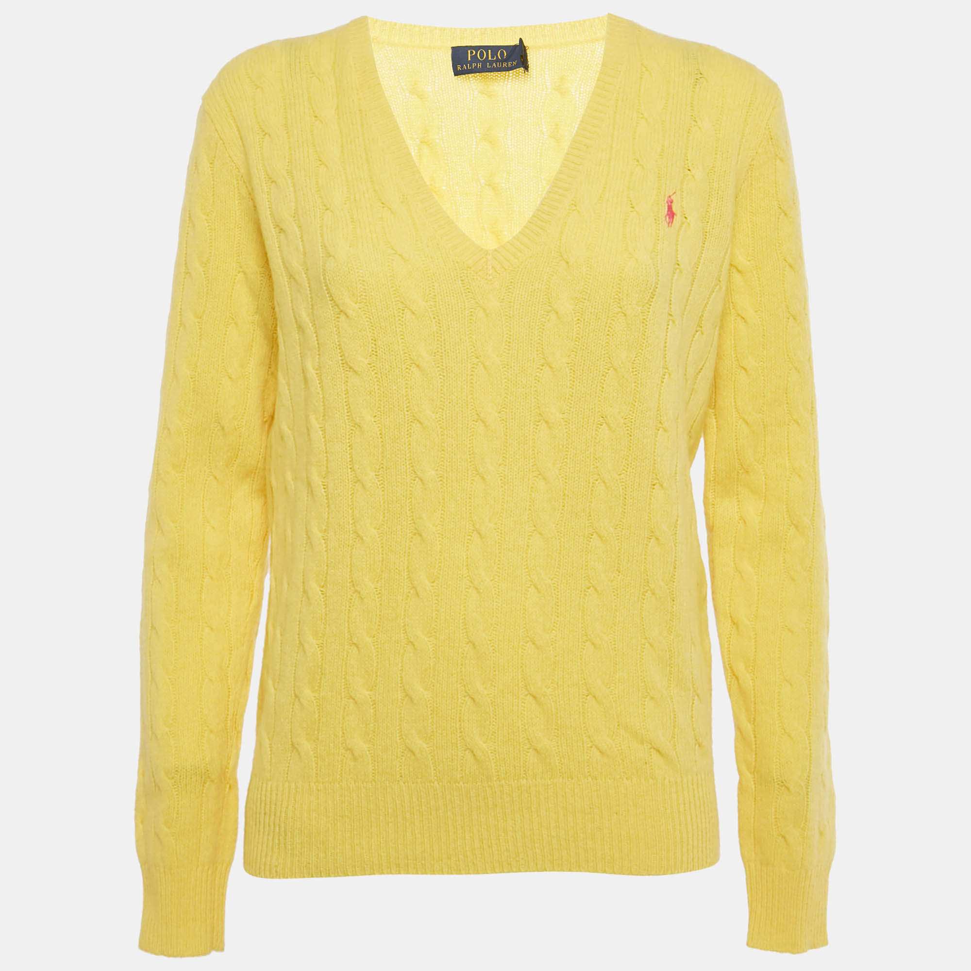 Pre Owned Polo Ralph Lauren Yellow Logo Embroidered Cable Knit Sweater L