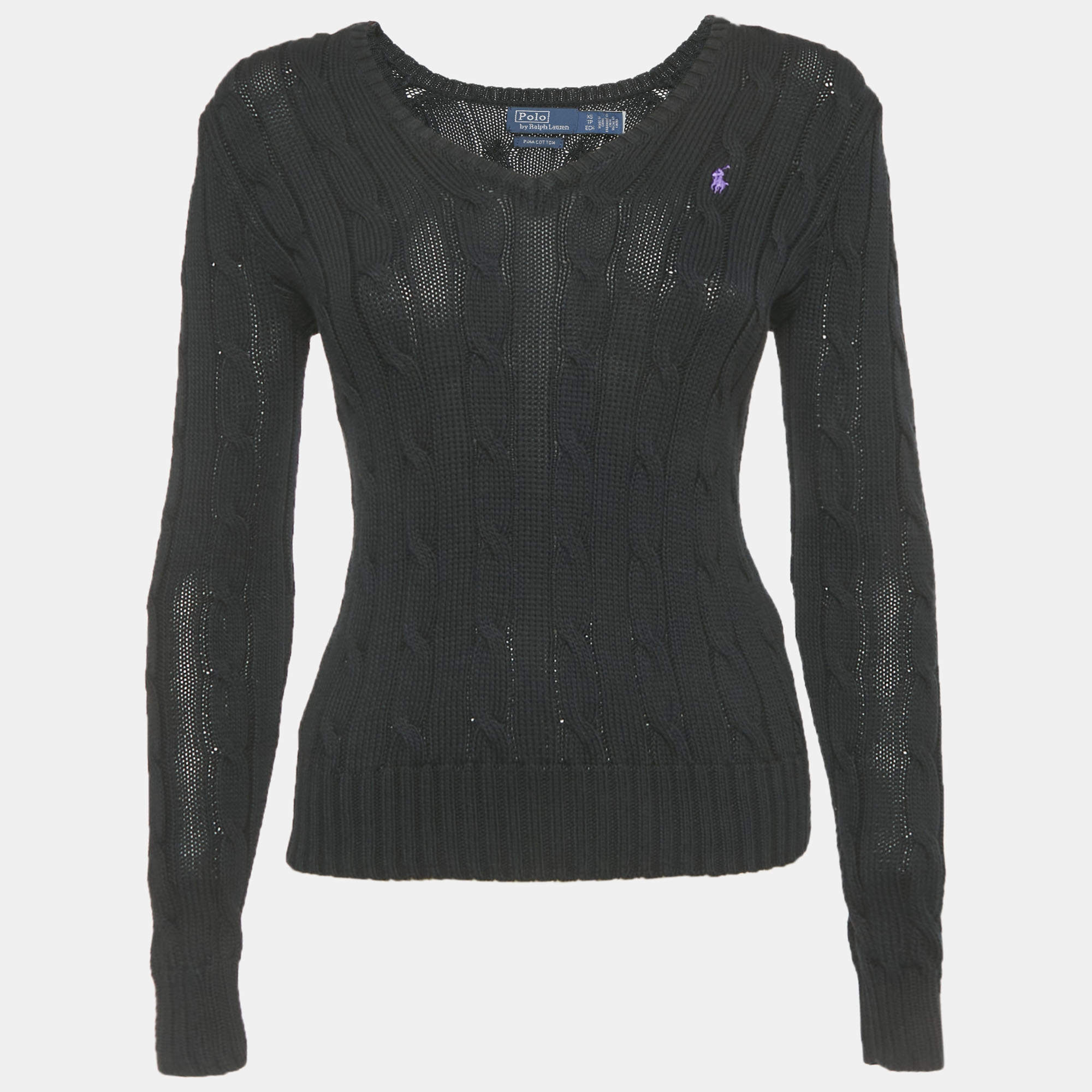 Pre Owned Polo Ralph Lauren Black Cable Knit V-Neck Sweater XS