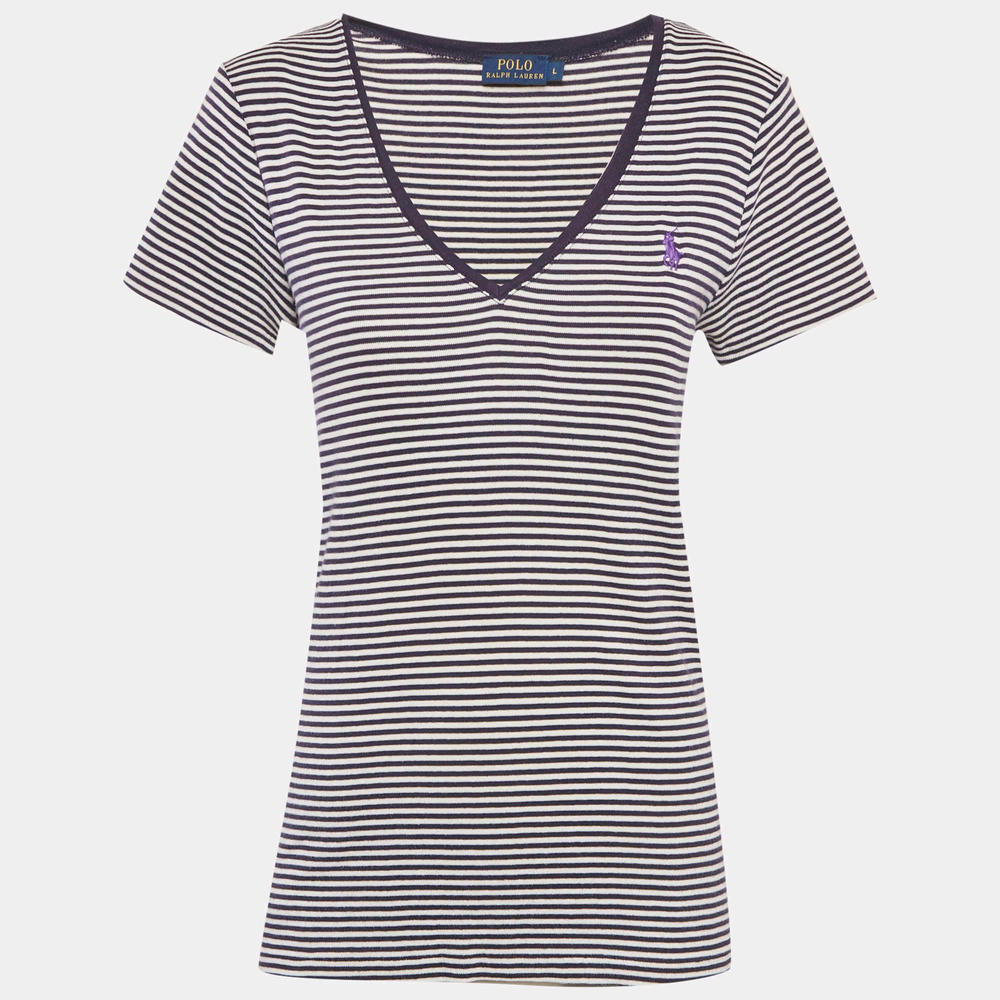 مملوكة مسبقًا Polo Ralph Lauren Navy Blue & White Striped Cotton Knit V-Neck T-Shirt L