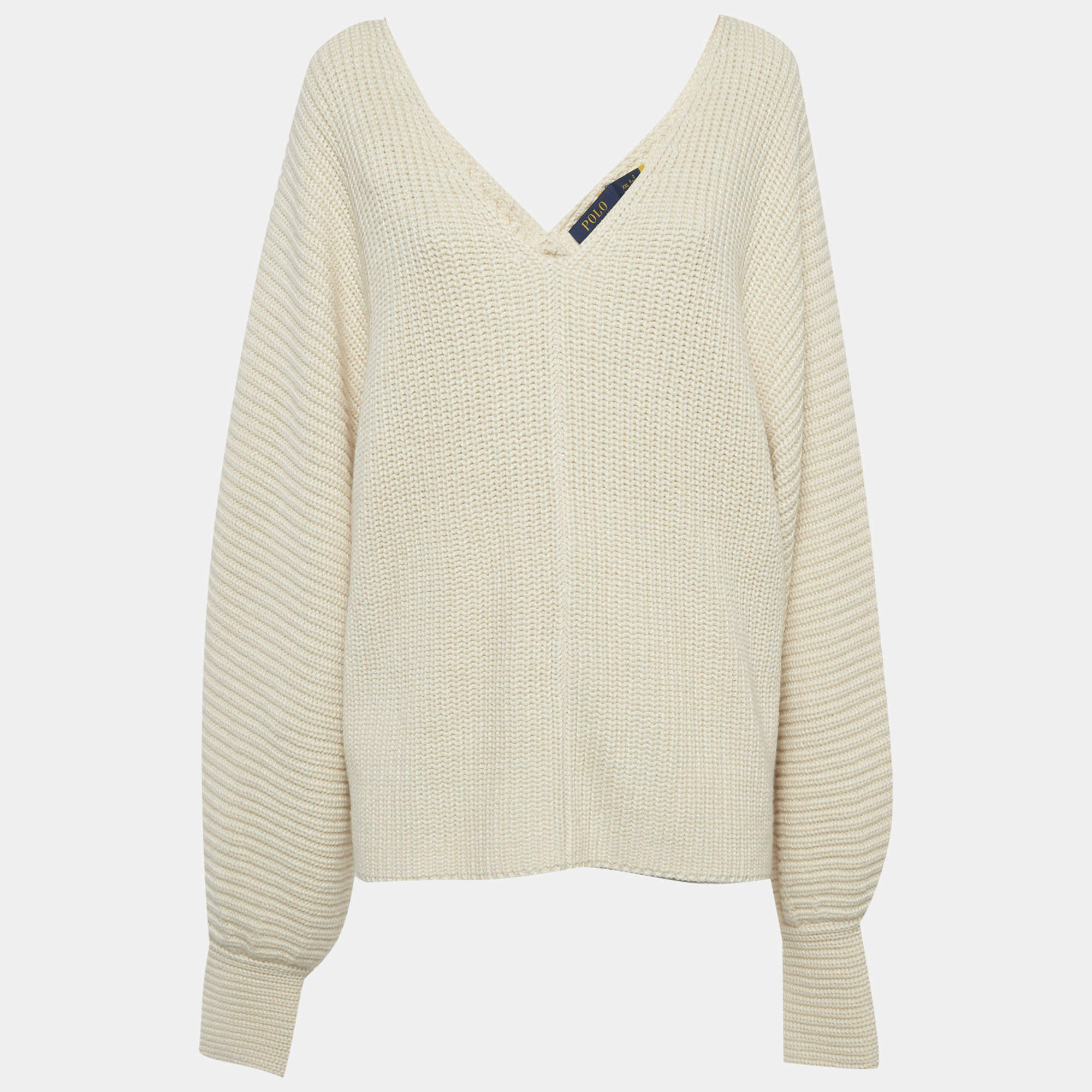 Pre Owned سويتر بولو رالف لورين تريكو مضلع بيج برقبة V مقاس كبير جداً جداً (اكسترا اكسترا لارج)