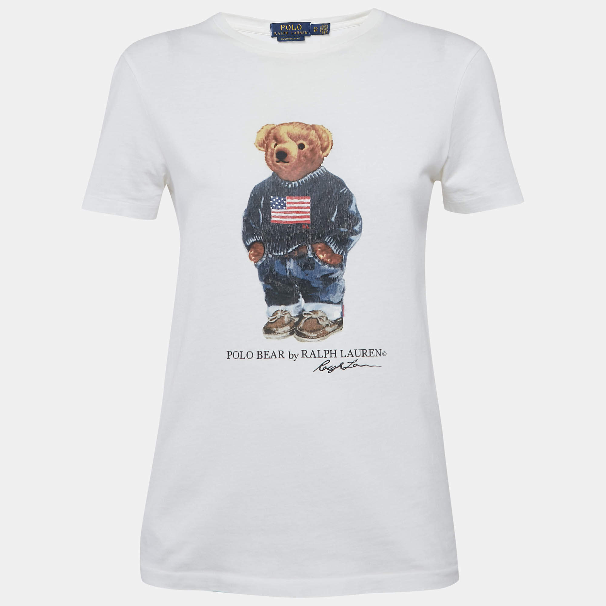 مملوكة مسبقًا تي شيرت بولو رالف لورين أبيض بطبعة تيدي جيرسي مقاس صغير - إكس سمول