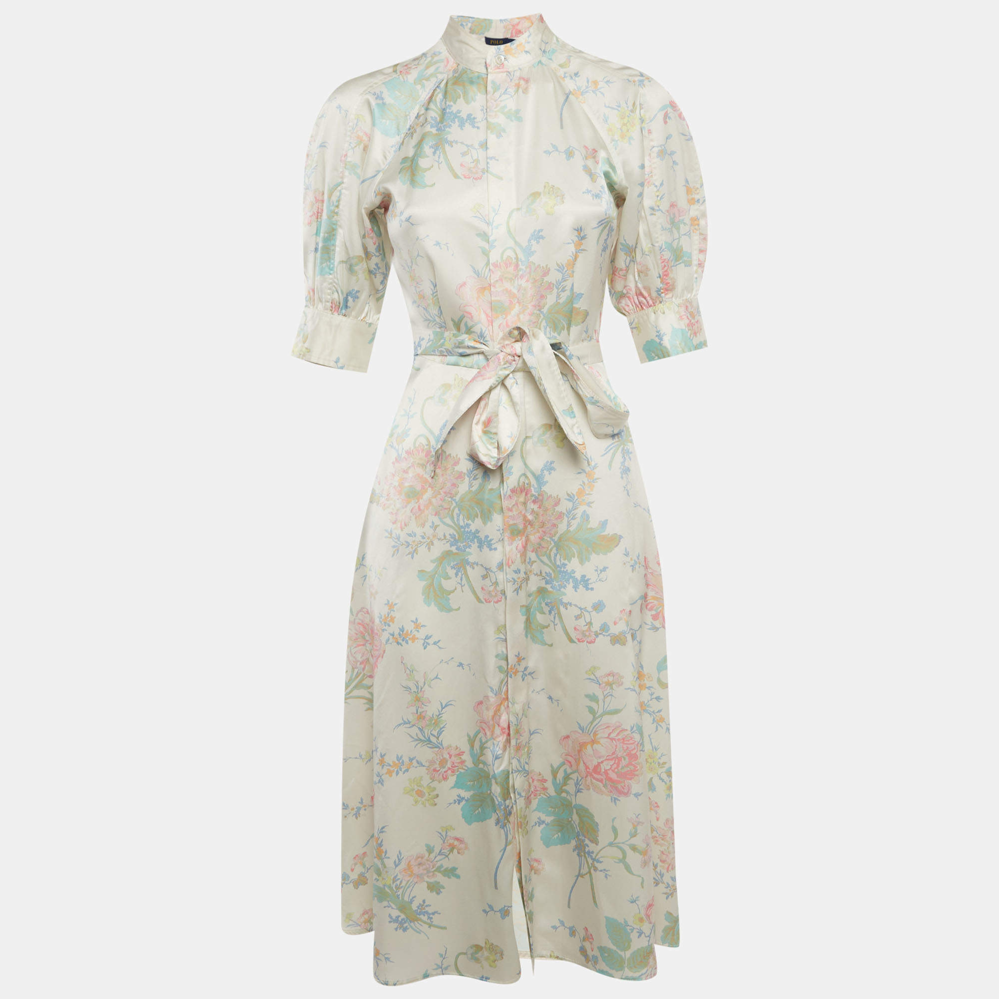 Pre Owned Polo Ralph Lauren Cream Satin Floral Print Belted Dress XS