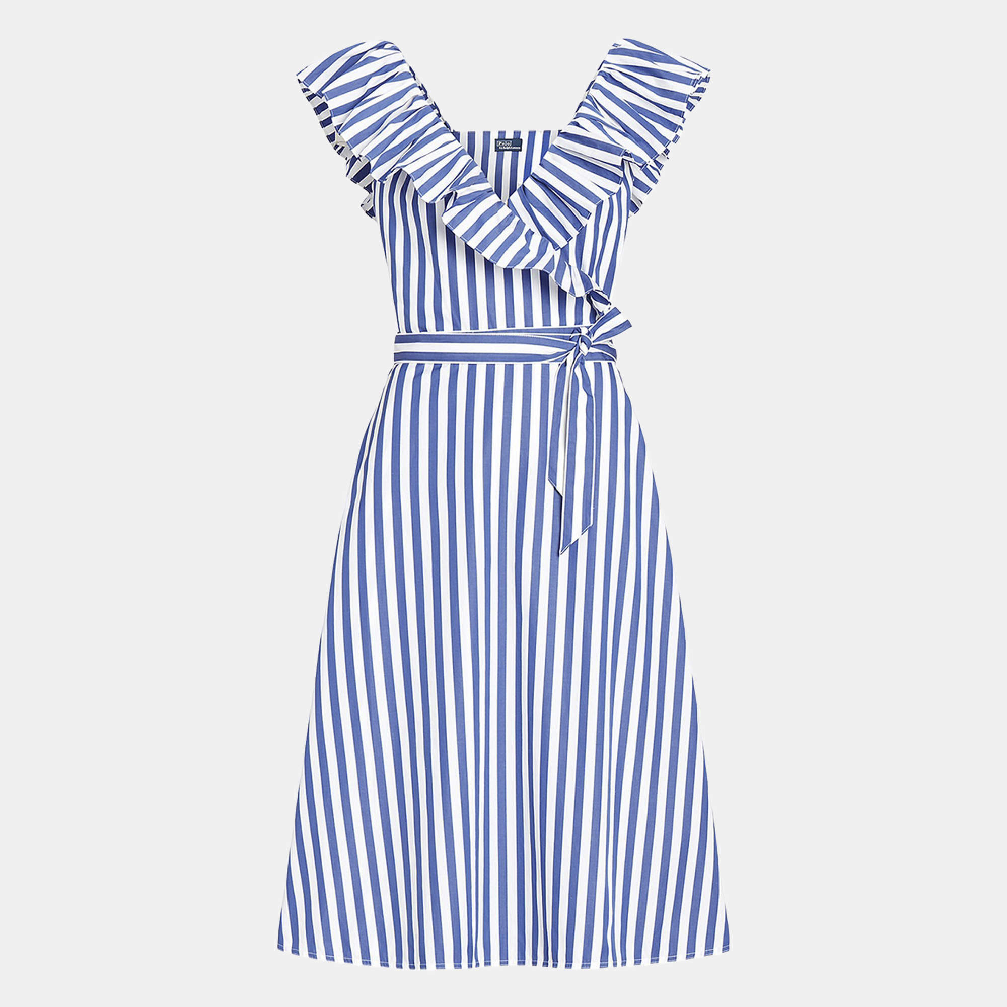 مملوكة مسبقًا Polo Ralph Lauren White/Blue Striped Cotton Wrap Midi Dress S