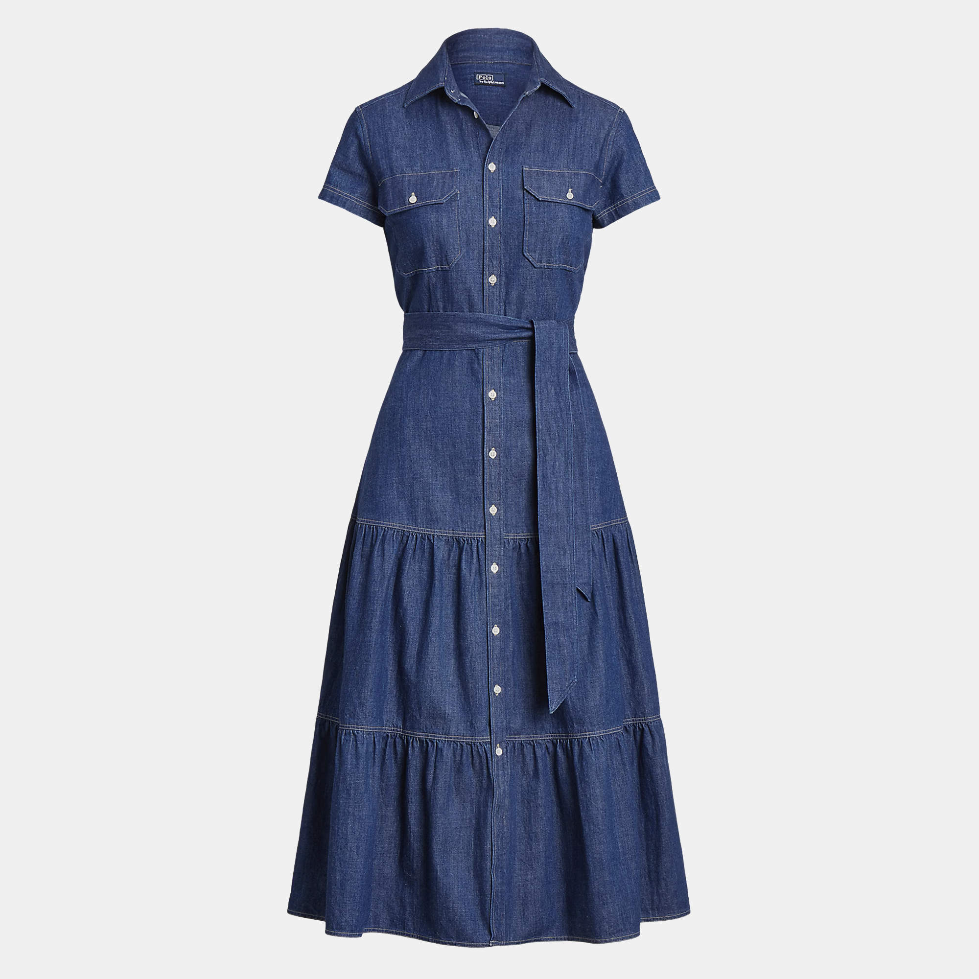 Pre Owned Polo Ralph Lauren Blue Denim Belted Tiered Midi Dress S