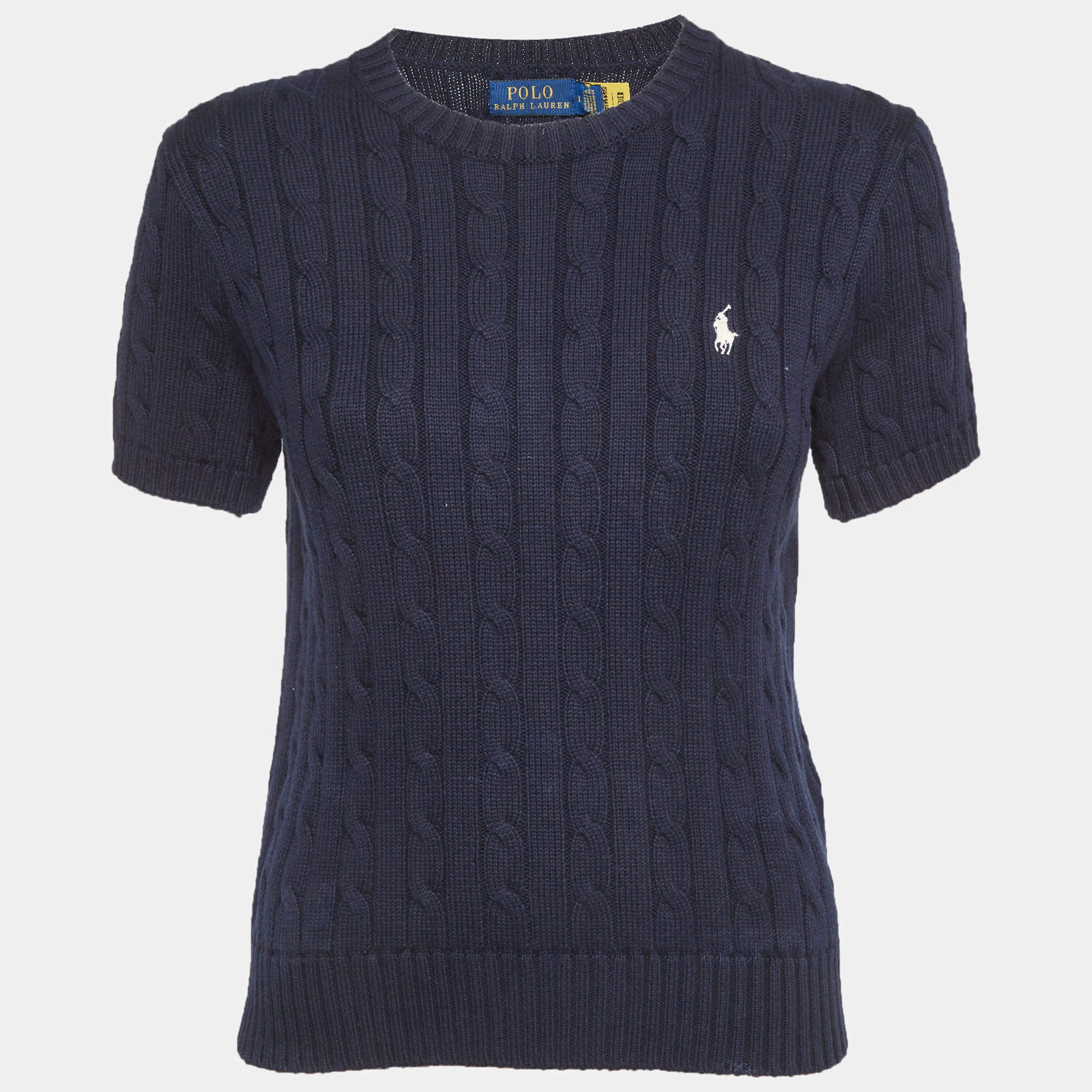 Pre Owned Polo Ralph Lauren Blue Cable Knit Short Sleeve Pullover M