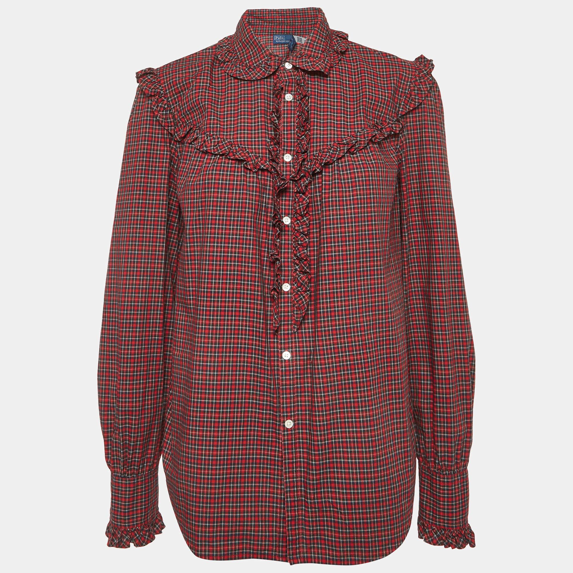Pre Owned Polo Ralph Lauren Red Plaid Cotton Ruffle Trim Shirt M