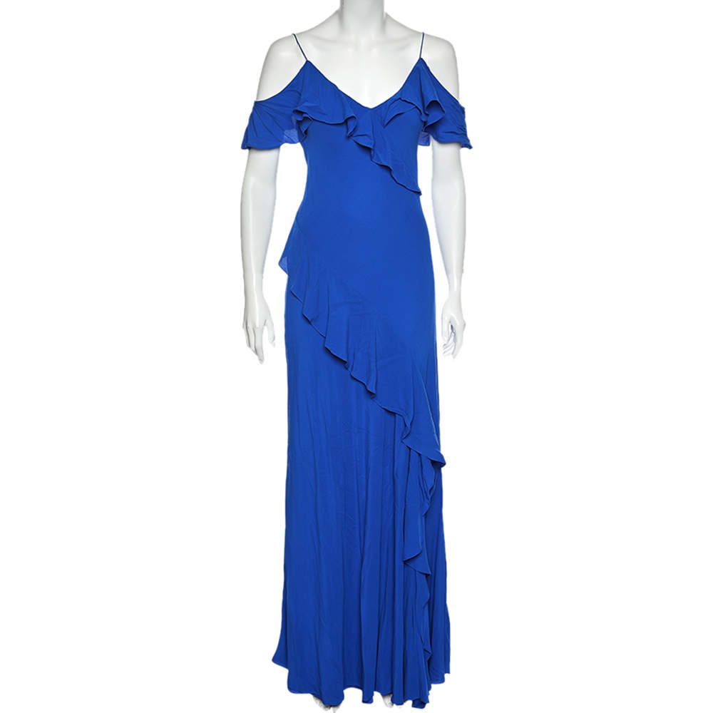 فستان ماكسي بولو رالف رولين حافة مكشكشة حرير أزرق مقاس متوسط