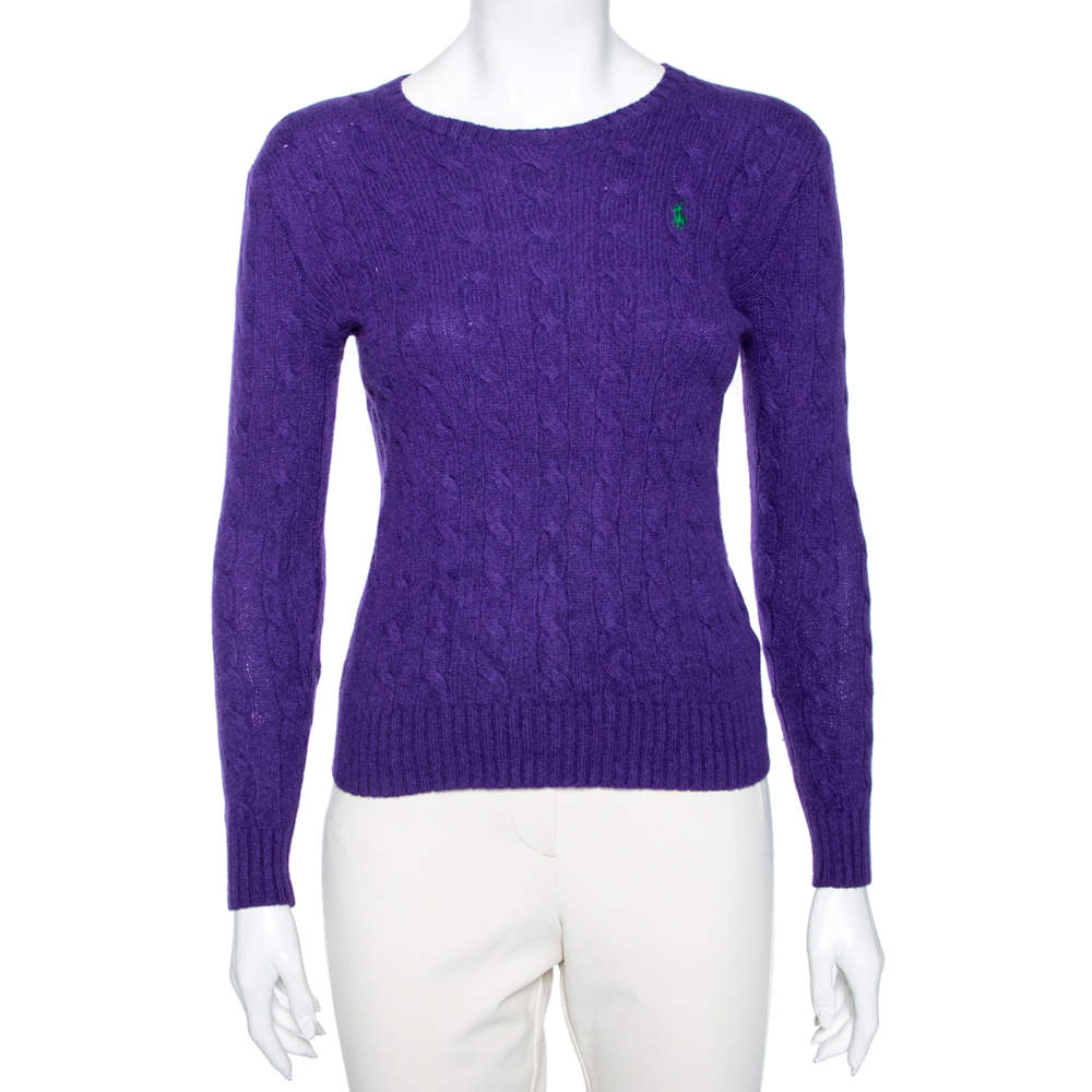 Pre Owned Polo Ralph Lauren Purple Cable Knit Wool Long Sleeve Sweater M