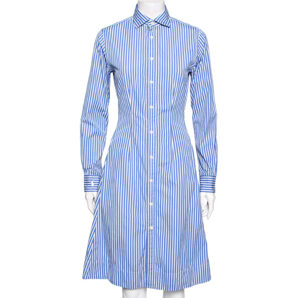 Pre Owned Polo Ralph Lauren Blue Striped Cotton Button Front Shirt Dress M