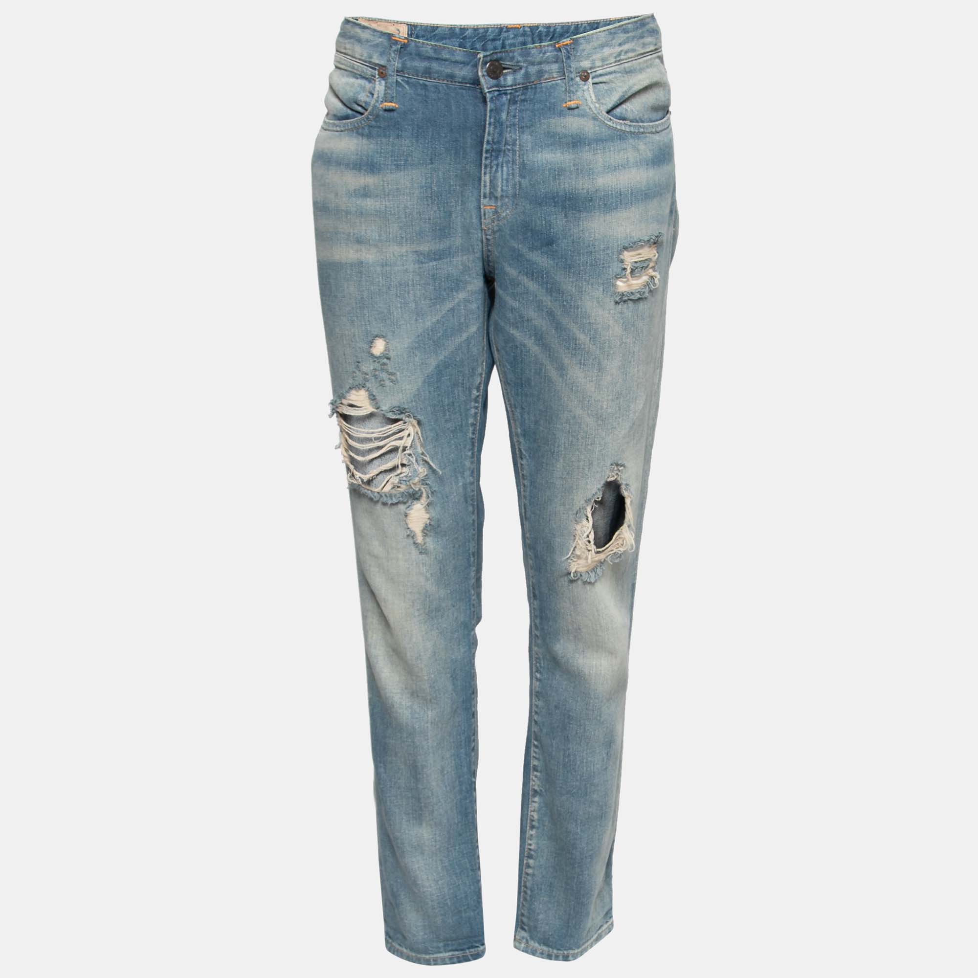 Pre Owned Polo Ralph Lauren Blue Distressed Denim Astor Boyfriend Jeans M Waist 32