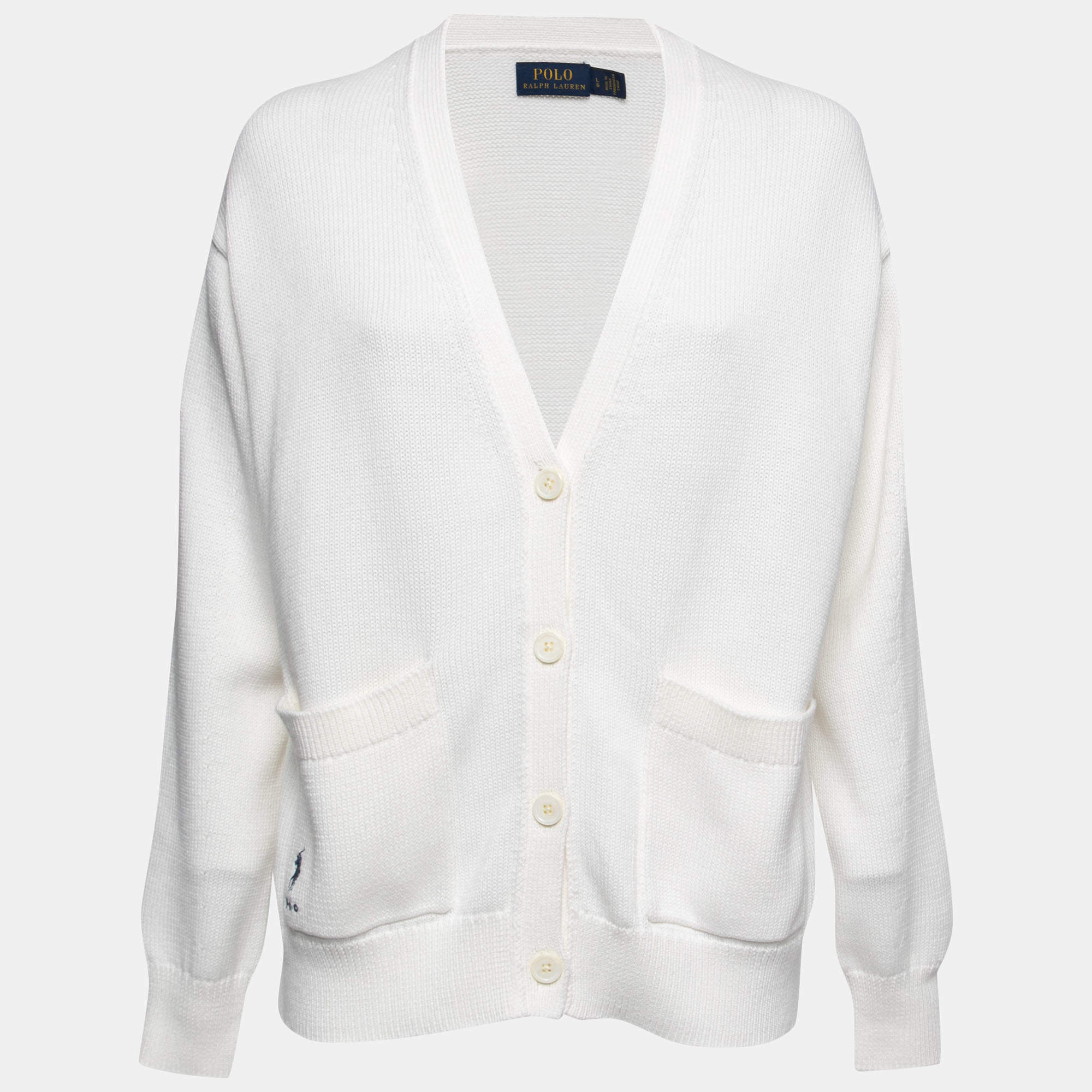 Polo Ralph Lauren White Knit Button Front Cardigan L