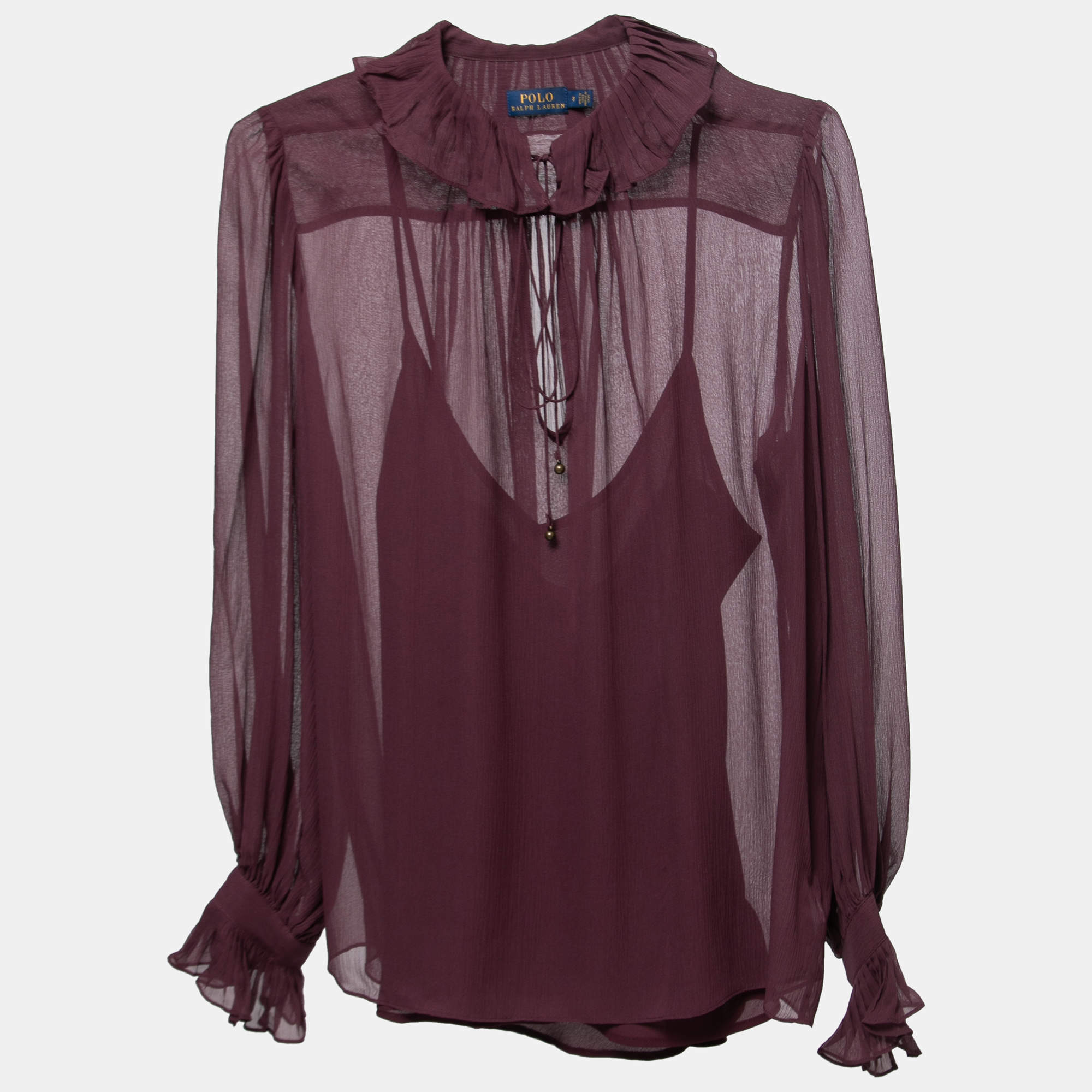 Pre Owned Polo Ralph Lauren Purple Silk Ruffle Detail Long Sleeve Top S