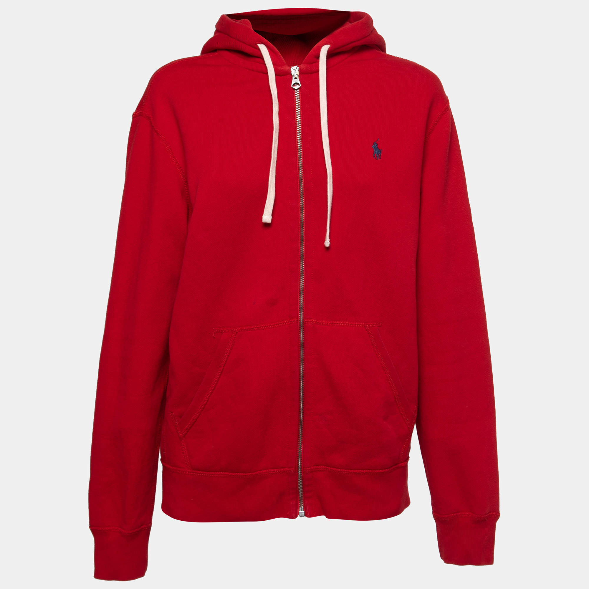 مملوكة مسبقًا Polo Ralph Lauren Red Cotton Knit Zip Up Hooded Jacket M